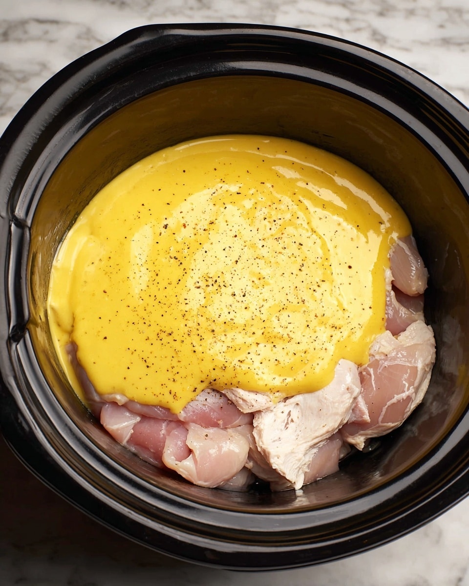 In the image, there is a black slow cooker with two layers inside. The bottom layer is raw chicken pieces that are light pink with some white fat and black pepper sprinkled on top, lying flat on the base of the cooker. The second layer is a thick, smooth yellow sauce spread evenly over the chicken, which looks creamy and slightly shiny. The slow cooker is sitting on a white marbled surface. Photo taken with an iphone --ar 4:5 --v 7