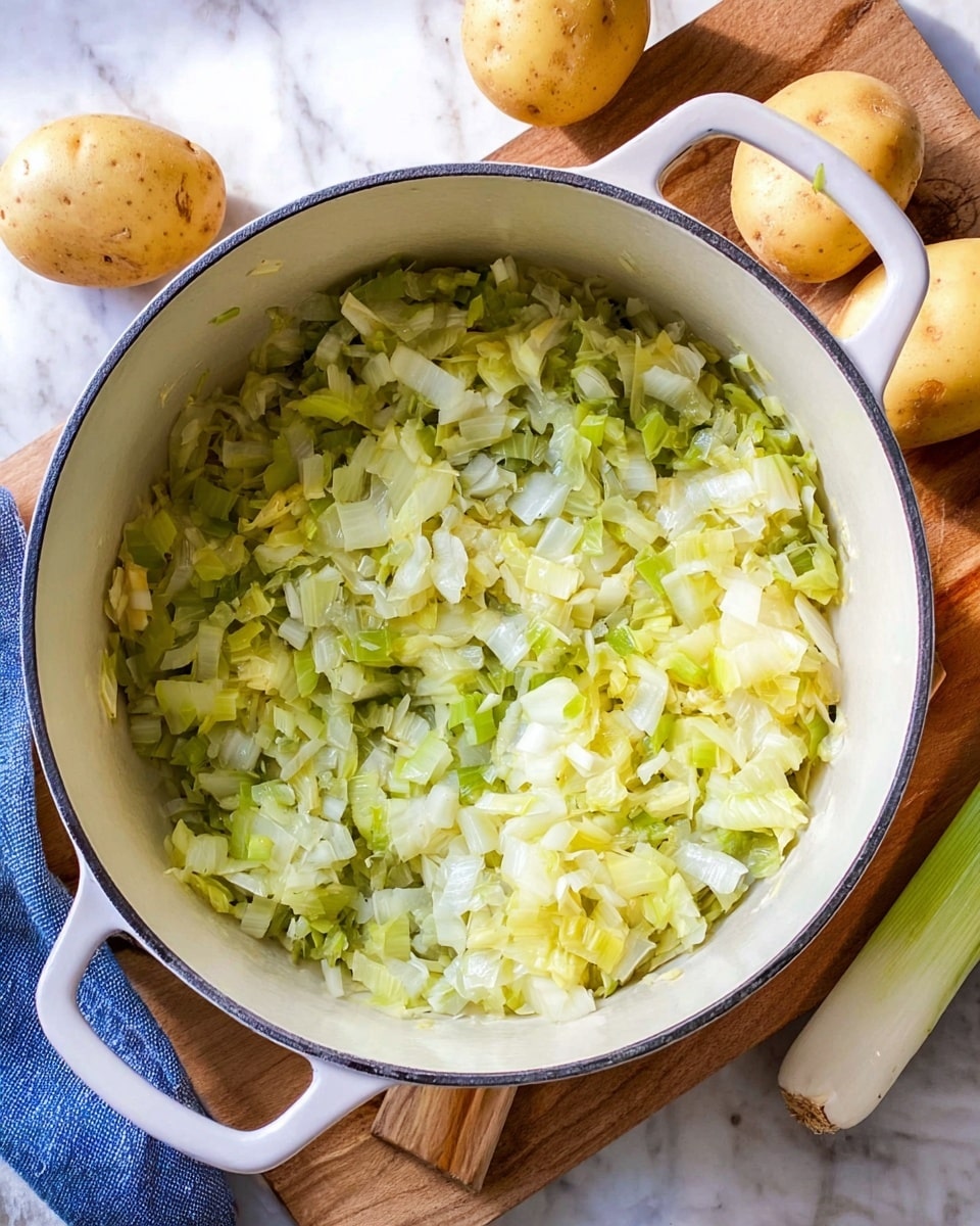 A large white pot filled with cooked chopped leeks, showing layers of pale green and white soft pieces evenly spread inside the pot. The pot is set on a wooden cutting board placed on a white marbled surface. Around the pot, there are three whole potatoes with a light brown skin visible in the background, and a leek to the right side. A small part of a blue cloth is seen on the lower left edge of the image. Photo taken with an iphone --ar 4:5 --v 7