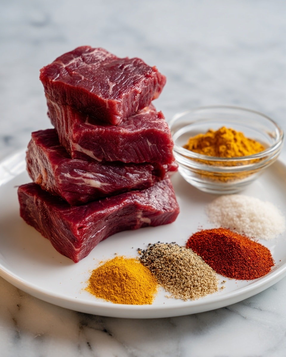 On a white plate, there are four thick raw beef pieces stacked slightly on top of each other, showing dark red meat with some white fat veins. Next to the plate, on a white marbled surface, there is a small clear glass bowl with five sections of different colored spices: red, yellow, light brown, beige, and dark brown. Photo taken with an iphone --ar 4:5 --v 7