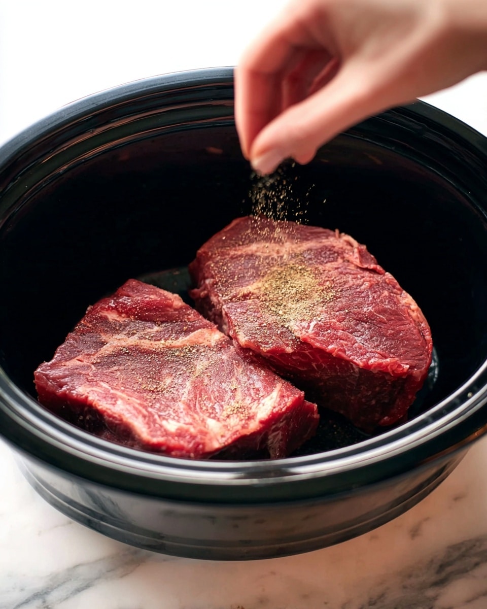 Inside a black slow cooker, two thick raw beef pieces lie side by side, each with red and slightly marbled textures. A woman's hand sprinkles light brown seasoning over the right piece of meat, adding a fine dusting of spices. The slow cooker sits on a white marbled surface, visible in the corners of the image, and the scene is lit softly to show the freshness of the meat and the action of seasoning. photo taken with an iphone --ar 4:5 --v 7