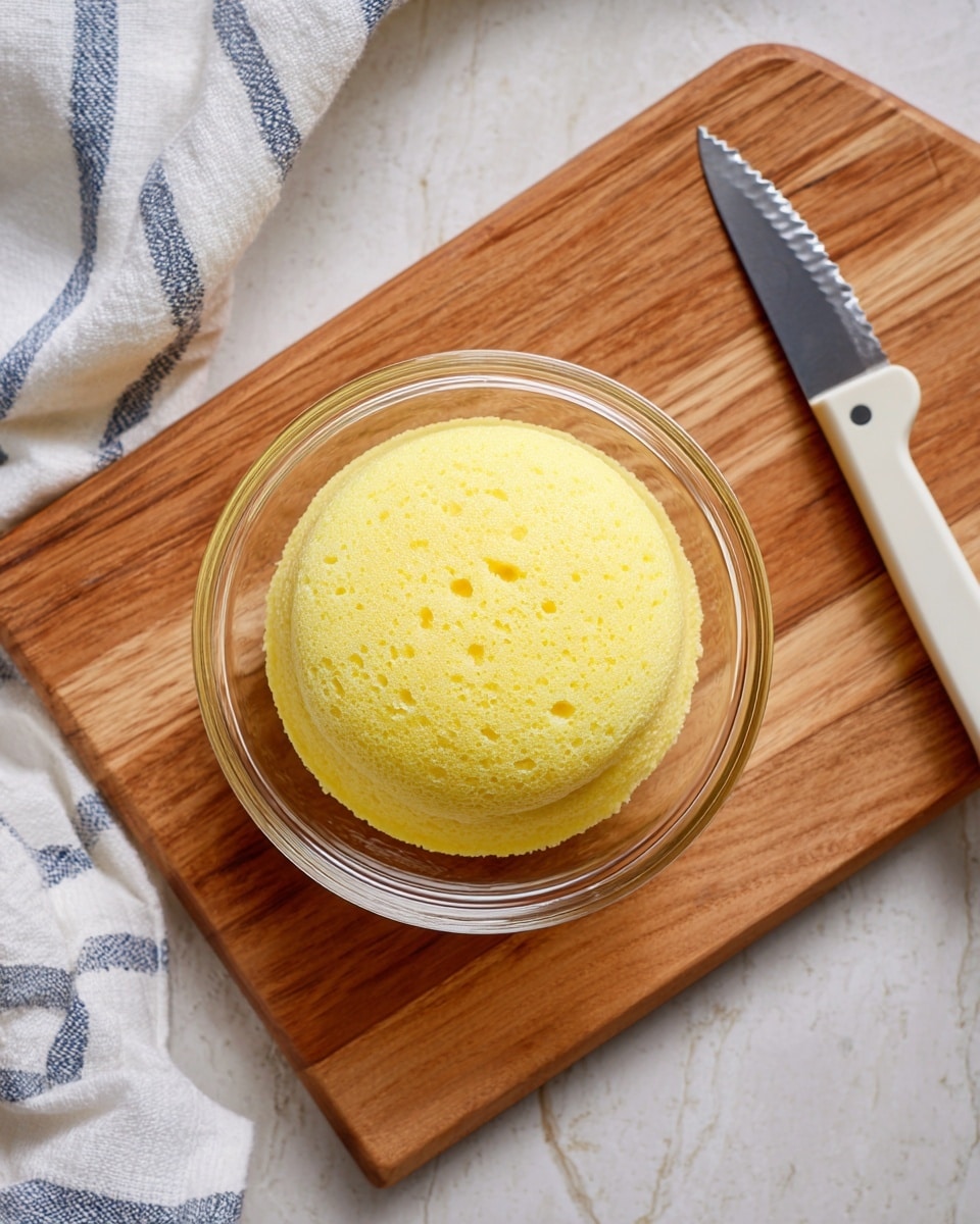 A single round yellow steamed cake with a soft and spongy texture sits in a small clear glass bowl. The top of the cake has a slight dome shape with tiny holes showing its airy structure. The bowl is placed on a small wooden cutting board with natural brown wood grain. To the right of the board, there is a white-handled serrated knife with a black grip on a white marbled surface. On the left side, part of a white cloth with blue stripes is visible. Photo taken with an iphone --ar 4:5 --v 7
