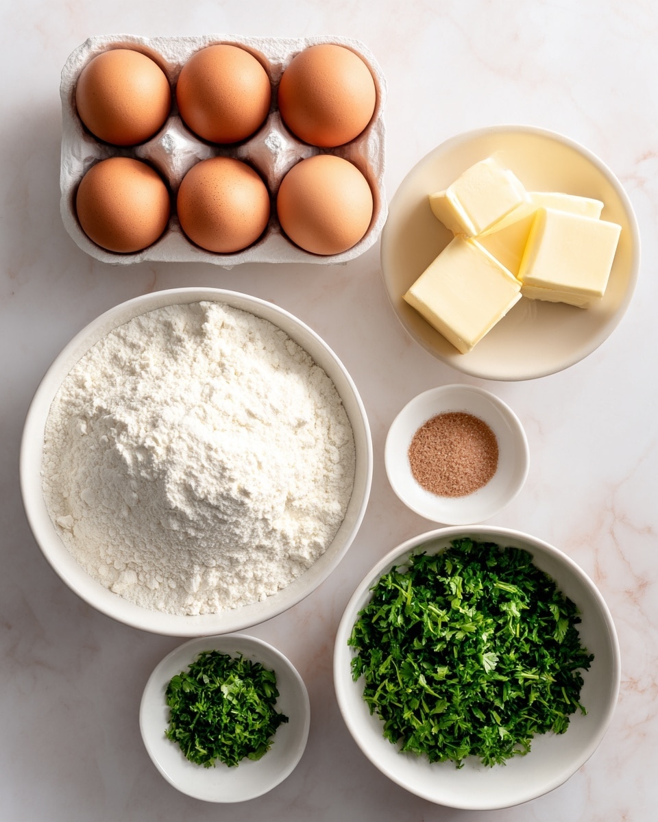 The image shows five ingredients arranged neatly on a white marbled surface. At the bottom center, there is a white bowl filled with a fine, white powdery flour layer. Above the bowl, slightly to the left, is a white egg tray holding four large brown eggs arranged in a 2x2 grid. To the right of the eggs, a white bowl contains three square pieces of pale yellow butter stacked together. Above the butter is a small white bowl with a layer of ground nutmeg, brown and finely textured. To the left of the nutmeg bowl, another white bowl is filled with bright green chopped parsley, with a leafy, coarse texture. Each ingredient is clearly labeled with large, bold text in pink and black. photo taken with an iphone --ar 4:5 --v 7