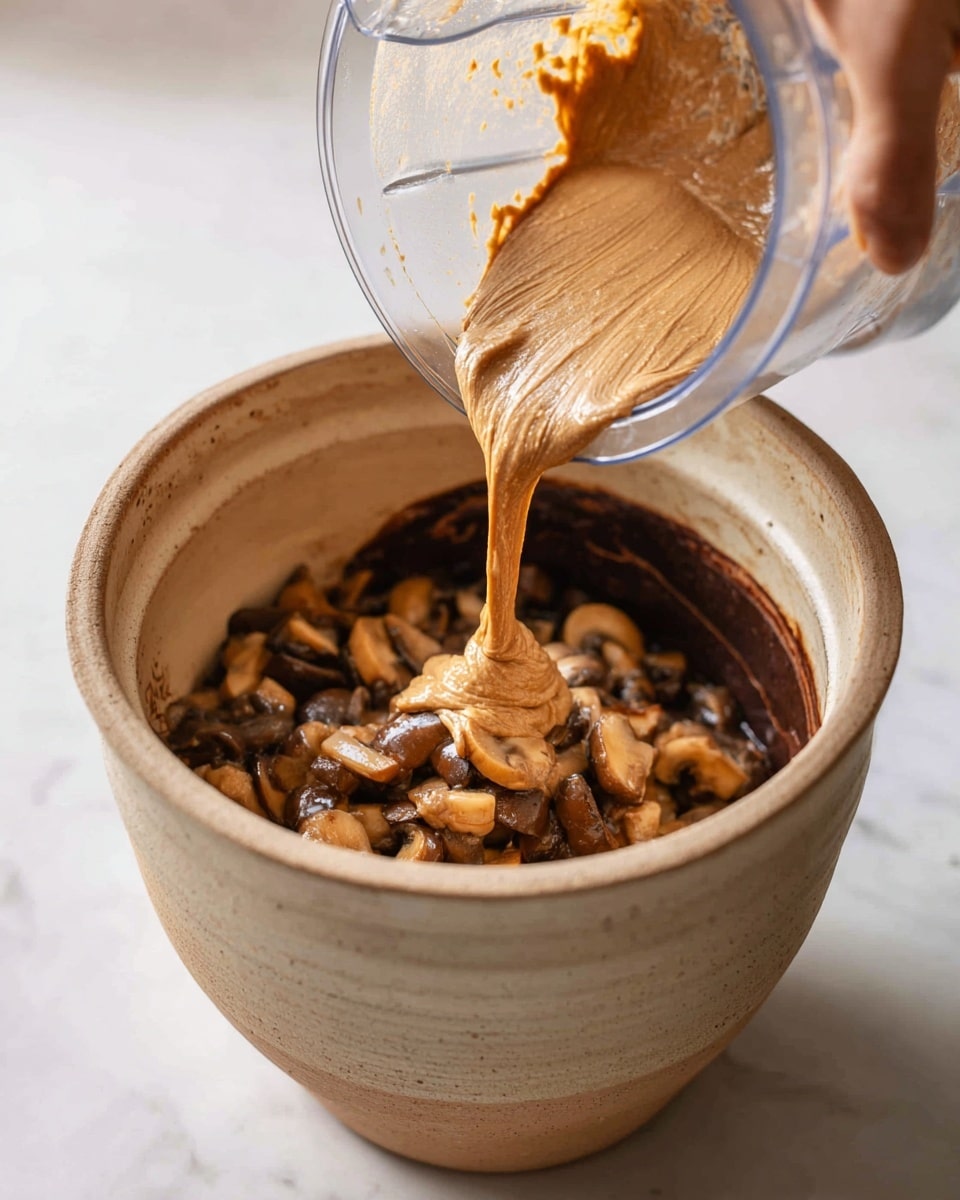 A large beige clay pot sits on a white marbled surface filled halfway with a dark brown mixture containing visible chunks of mushrooms and onions. A clear blender container held by a woman's hand is pouring a thick light brown paste into the pot, mixing with the darker contents below. The lighting highlights the smooth, wet texture of both the thick paste and the softer cooked mushroom mixture inside the pot. Photo taken with an iphone --ar 4:5 --v 7