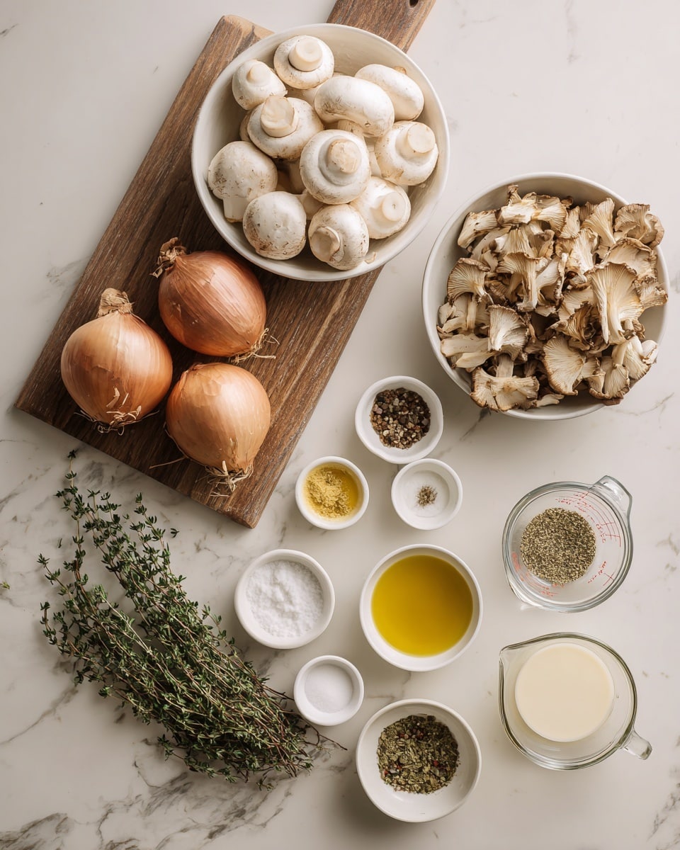 The image shows a white marbled surface with various cooking ingredients neatly arranged. On the left side, there is a wooden cutting board holding three shallots and several brown mushrooms, some whole and some sliced. Beside the board, a white bowl is filled with white mushrooms. To the right, a small pile of fresh green thyme lies on the surface. Above it, a white bowl contains dried mushrooms with a light brown color. Below, there are six small white bowls and cups placed on the surface in a neat row, each containing different ingredients: white powder (likely flour), golden olive oil, black pepper, dried herbs, salt, and another green herb. To the right, there are two clear glass measuring cups, one with a creamy white liquid and the other with water or a clear liquid. Photo taken with an iphone --ar 4:5 --v 7