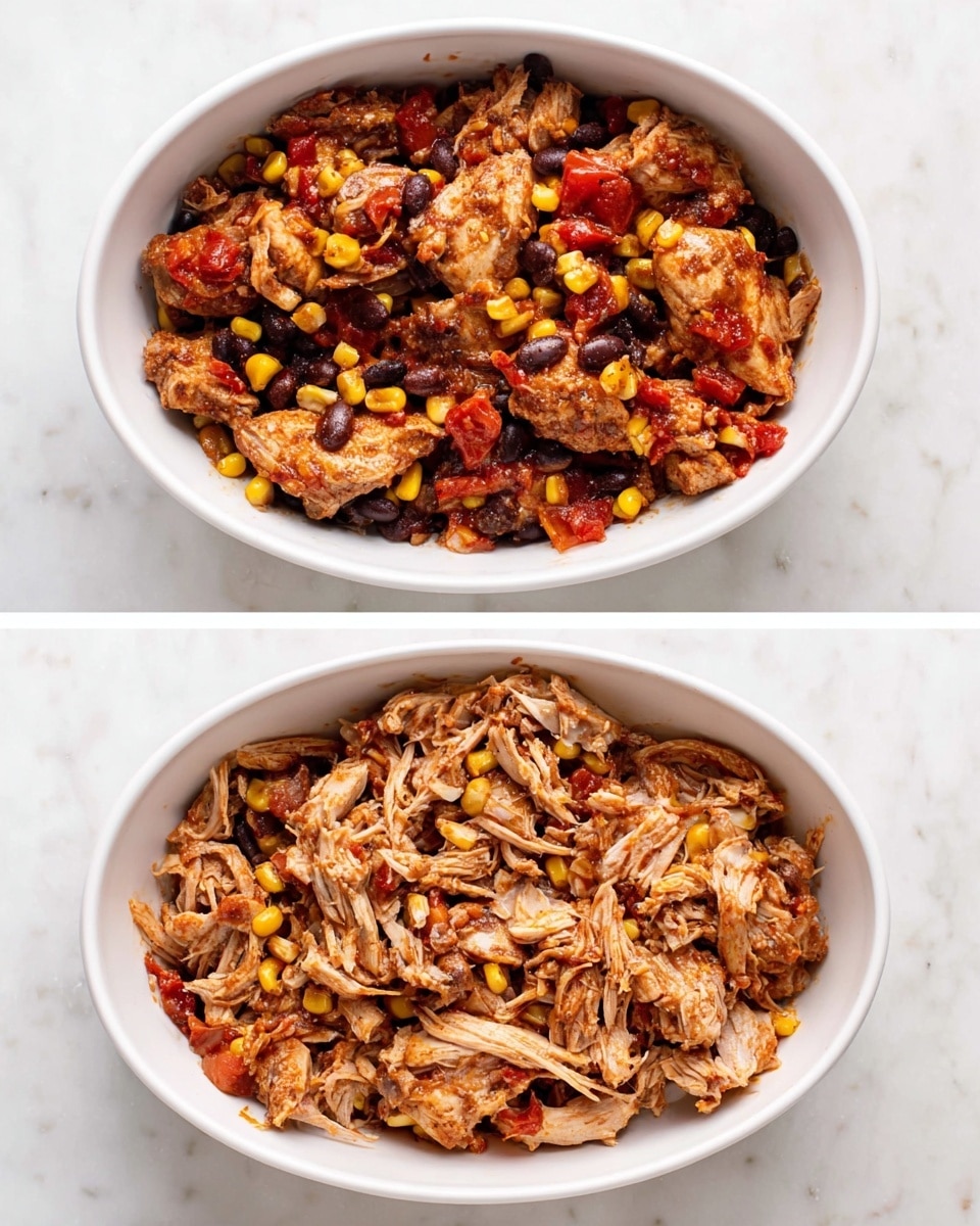 The image shows two white bowls side by side on a white marbled surface. The bowl on the left has whole cooked pieces of dark meat chicken layered with a mix of black beans, yellow corn, and small red tomato pieces, all covered in a reddish-brown sauce. The bowl on the right displays shredded chicken mixed with black beans, corn, and tomato chunks, creating a textured layer with strands of meat visible throughout. Both bowls have a hearty, saucy look with warm brown and red tones in the meat and vegetables. Photo taken with an iphone --ar 4:5 --v 7
