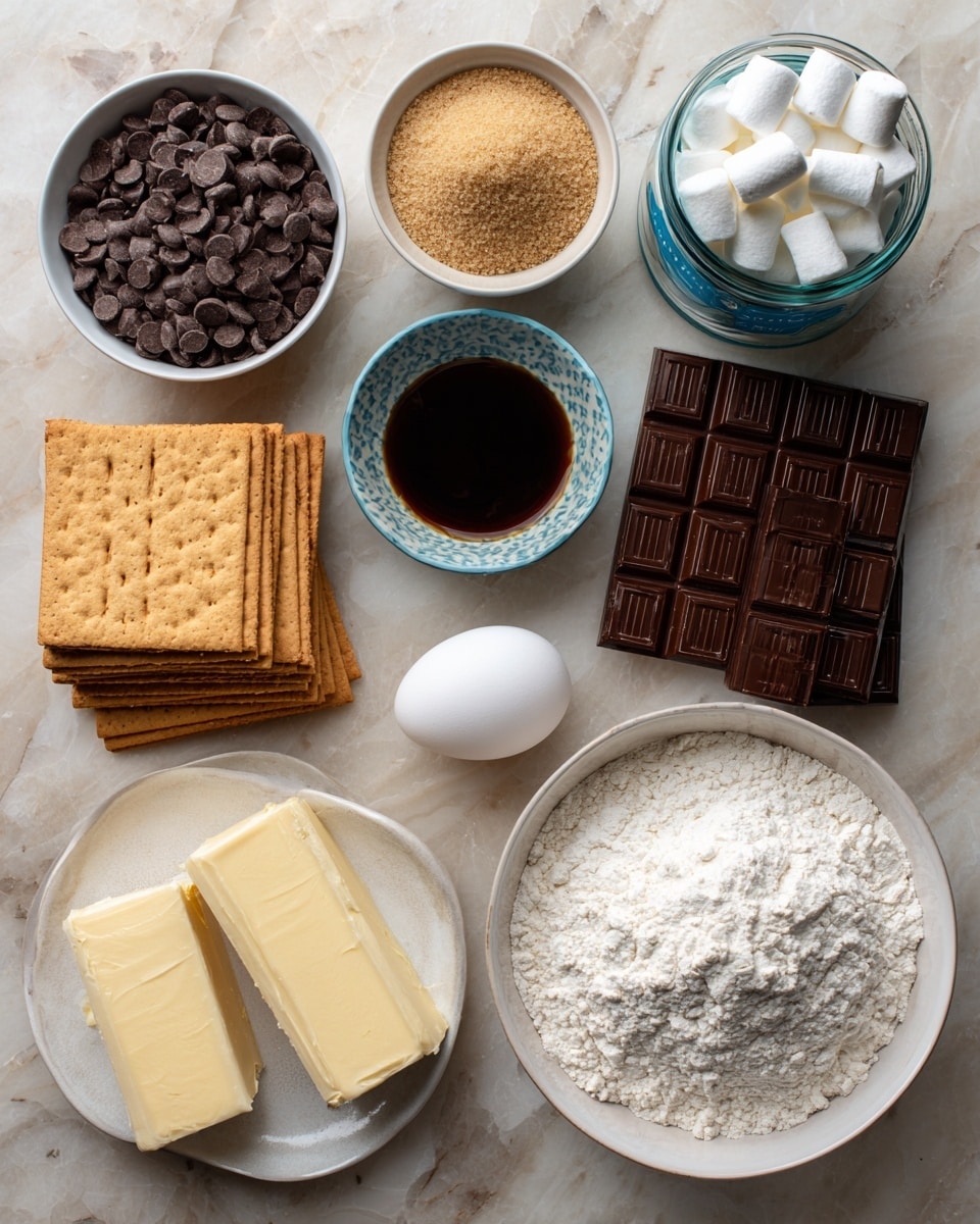 A white marbled surface holds several cooking ingredients arranged in a flat lay style. A large white bowl filled with white flour mixed with salt and baking soda is at the bottom right. To the left, a smaller white bowl contains dark brown chocolate chips, while above it, another white bowl is full of light brown soft brown sugar. Next to the brown sugar, rectangular graham crackers are stacked flat. At the center, there is a single white egg lying on the surface near a light yellow stick of butter. A small patterned bowl with dark vanilla liquid is placed above the egg. Above it is a large glass jar filled with bubbly sourdough discard. To the right, two dark chocolate bars rest with their wrappers intact. Above them, a white bowl holds big white marshmallows, and next to it is a blue-topped container labeled for mini dehydrated marshmallows. Everything is set neatly on the white marbled background. photo taken with an iphone --ar 4:5 --v 7