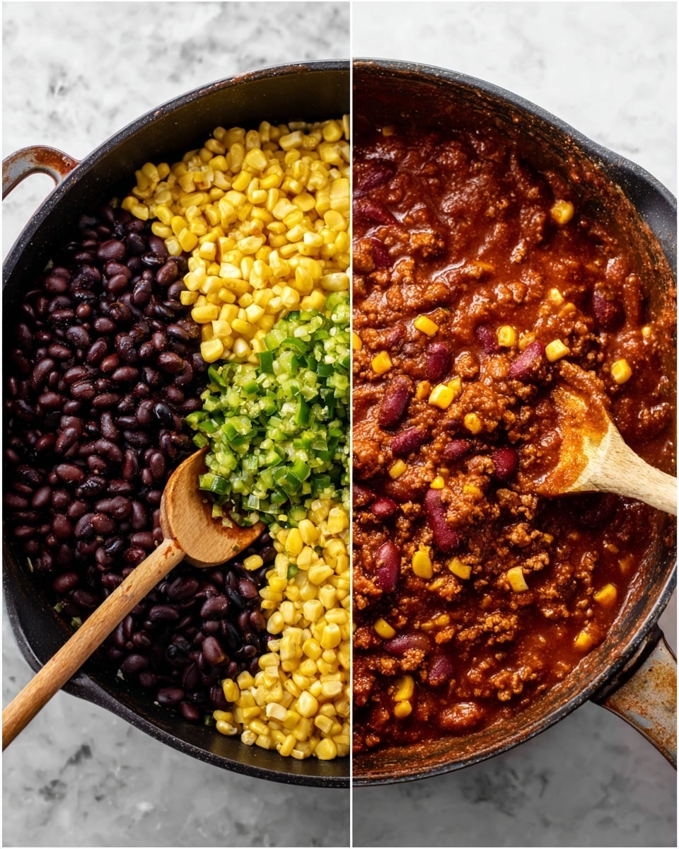 The image shows two side-by-side views of a skillet with chili ingredients. On the left, the skillet contains layers of black beans at the bottom left, dark red beans at the bottom right, bright yellow corn kernels on top right, and chopped green chilies near the center, all holding a wooden spoon. On the right, the skillet shows the cooked chili mixture with a thick, reddish-brown sauce, evenly mixed with beans, corn, and ground meat, with a wooden spoon standing in it. The surface under the skillet is a white marbled texture. Photo taken with an iphone --ar 4:5 --v 7