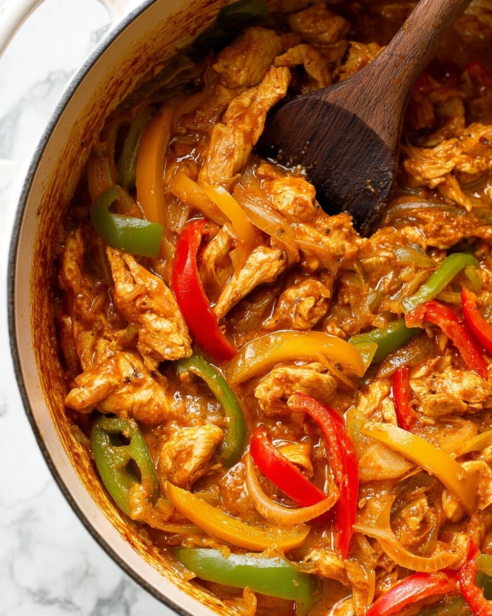 This image shows a close-up of a dish in a white pot with a thick, orange-brown sauce coating pieces of cooked chicken and sliced bell peppers. The bell peppers are in three colors: red, green, and yellow, scattered evenly across the dish, adding bright contrasts. The chicken pieces are irregularly shaped and lightly browned, mixed with translucent cooked onions. A wooden spoon is partially submerged in the mixture, its smooth texture and dark wood grain standing out against the creamy sauce. The background is a white marbled texture. Photo taken with an iphone --ar 4:5 --v 7