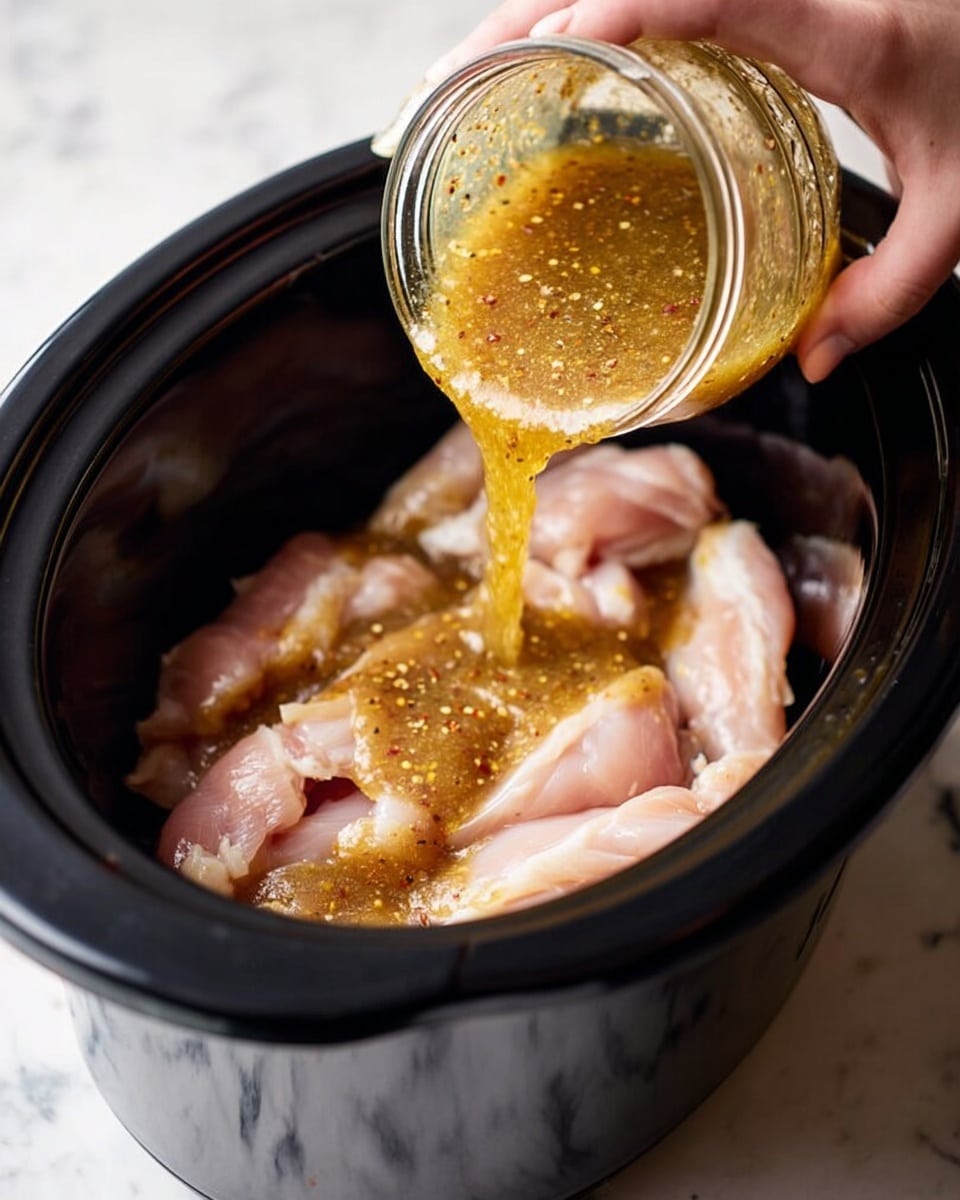 Inside a black slow cooker, raw chicken strips are laid flat at the bottom showing pale pink and white colors with smooth texture; a woman’s hand is pouring a thick, golden brown sauce with visible small spice bits from a glass jar over the chicken, the sauce spreads unevenly covering parts of the chicken. The slow cooker sits on a white marbled surface. photo taken with an iphone --ar 4:5 --v 7