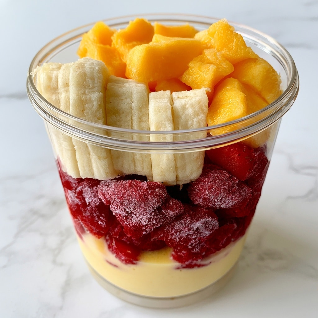 A clear blender container filled with four visible layers of ingredients sits on a white marbled surface. At the bottom is a smooth, pale yellow liquid layer. Above it is a layer of frozen red strawberries with a frosty texture. Next comes a layer of light cream-colored sliced bananas that stand upright on one side. The top layer consists of bright orange chunks, possibly frozen mango pieces. The blender container has black measurement markings and the word