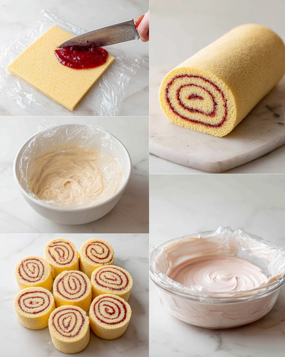 A sequence of six images shows the making of a rolled cake dessert. First, a flat sponge layer of pale yellow color lies on a white marbled surface with a red jam spread being applied evenly by a knife. Next, the sponge is rolled tightly into a cylindrical yellow log resting on clear plastic wrap. This log is then sliced into even spiral pieces, revealing swirled red jam inside, and arranged in a circular pattern, spirals facing up, inside a round white bowl lined with plastic wrap. Following this, light pink creamy filling is poured smoothly over the arranged spiral pieces forming an even layer. Finally, a pale yellow sponge layer is placed on top to cover the filling completely, and the dessert is wrapped with plastic wrap, ready for setting. Photo taken with an iphone --ar 4:5 --v 7