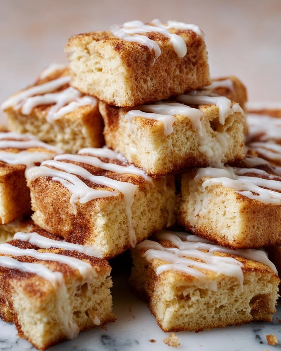A stack of square pieces of soft cinnamon bread with a golden-brown crust. Each piece has a light and fluffy texture, showing a slight crumb inside. White icing is drizzled in thin lines over the top of the bread, adding a smooth contrast to the toasted, slightly rough surface. The pieces are piled casually on a white marbled surface, with one piece slightly raised on top. Photo taken with an iphone --ar 4:5 --v 7