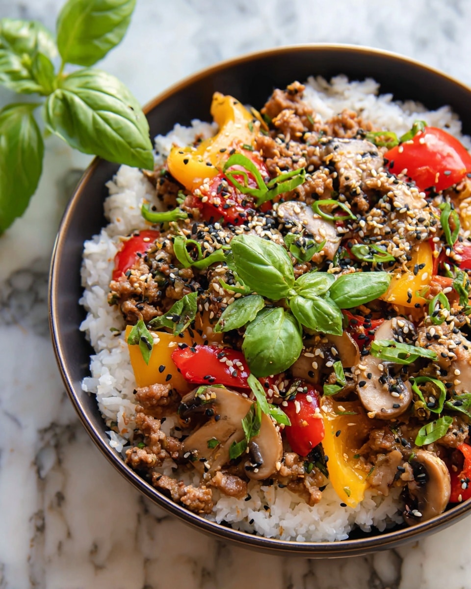 A white bowl holds a colorful dish with three main layers. The bottom layer is white rice with a soft texture. On top of the rice, there is a mix of cooked ground meat, brown sautéed mushroom slices, and chopped bell peppers in red and yellow, giving a bright and varied look. Small pieces of green onions are scattered throughout, adding a fresh green touch. The dish is sprinkled with black and white sesame seeds, and fresh green basil leaves sit on top as garnish. The bowl is placed on a white marbled surface, and a woman's hand can be seen near the edge. Photo taken with an iphone --ar 4:5 --v 7