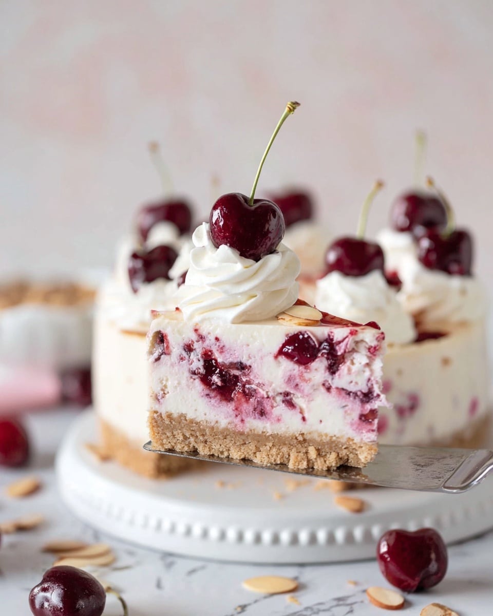 A slice of cheesecake sits on a white plate over a white marbled surface. The cheesecake has three layers: a thick, light brown crumbly crust at the bottom; a creamy white middle layer swirled with red cherry pieces; and a thin glossy red cherry topping near the edge. On top, there is a swirl of white whipped cream with thin almond slices scattered around it, and a dark red cherry with a green stem placed on the whipped cream. Photo taken with an iphone --ar 4:5 --v 7