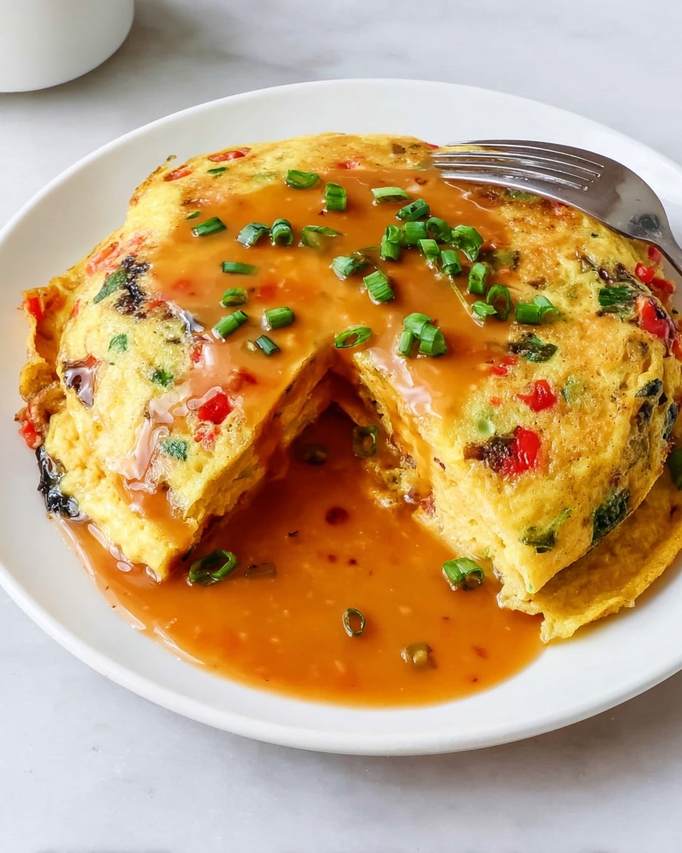 A white round plate holds two layers of a thick omelet with visible small bits of red and dark green vegetables inside. The omelet has a soft yellow color with some light brown spots from cooking. A smooth, golden brown sauce is poured over the top layer, slightly spilling over the edge of the plate. Small green chopped onions are sprinkled on top of the sauce and omelet, adding a fresh color contrast. The plate rests on a white marbled textured surface, and a silver fork is placed near the edge of the plate. Photo taken with an iphone --ar 4:5 --v 7