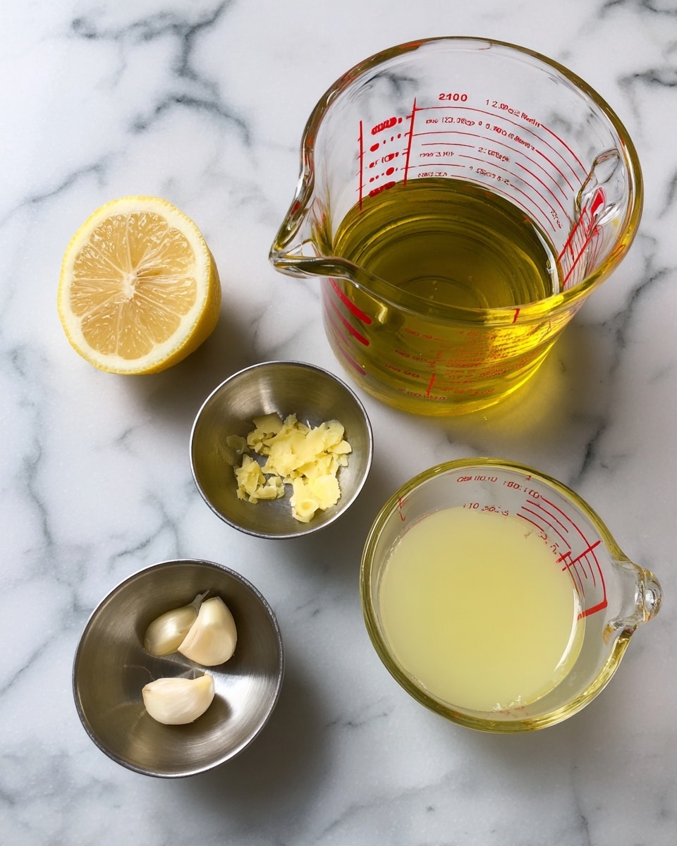 A clear glass measuring cup filled halfway with golden yellow olive oil is placed towards the upper right on a white marbled surface, with red measurement markings visible on the cup. To its left, there is a half lemon showing its light yellow inner flesh. Below the lemon, two small metal bowls sit on the surface: the top bowl contains light yellow lemon zest, while the bottom bowl holds three whole garlic cloves. At the bottom right, another clear glass measuring cup is filled about one-third with pale yellow lemon juice, also marked with red measurements. The overall scene is clean and bright. photo taken with an iphone --ar 4:5 --v 7