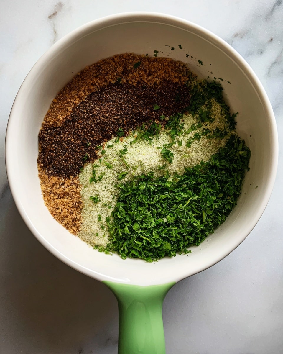 A white bowl with a green handle sits on a white marbled surface, filled with four separate layers of finely chopped and ground ingredients. The top right layer is bright green and leafy, the bottom right layer is pale and granular, the bottom left layer is dark brown and textured, and the top left layer is a mix of light brown and tan granules. photo taken with an iphone --ar 4:5 --v 7
