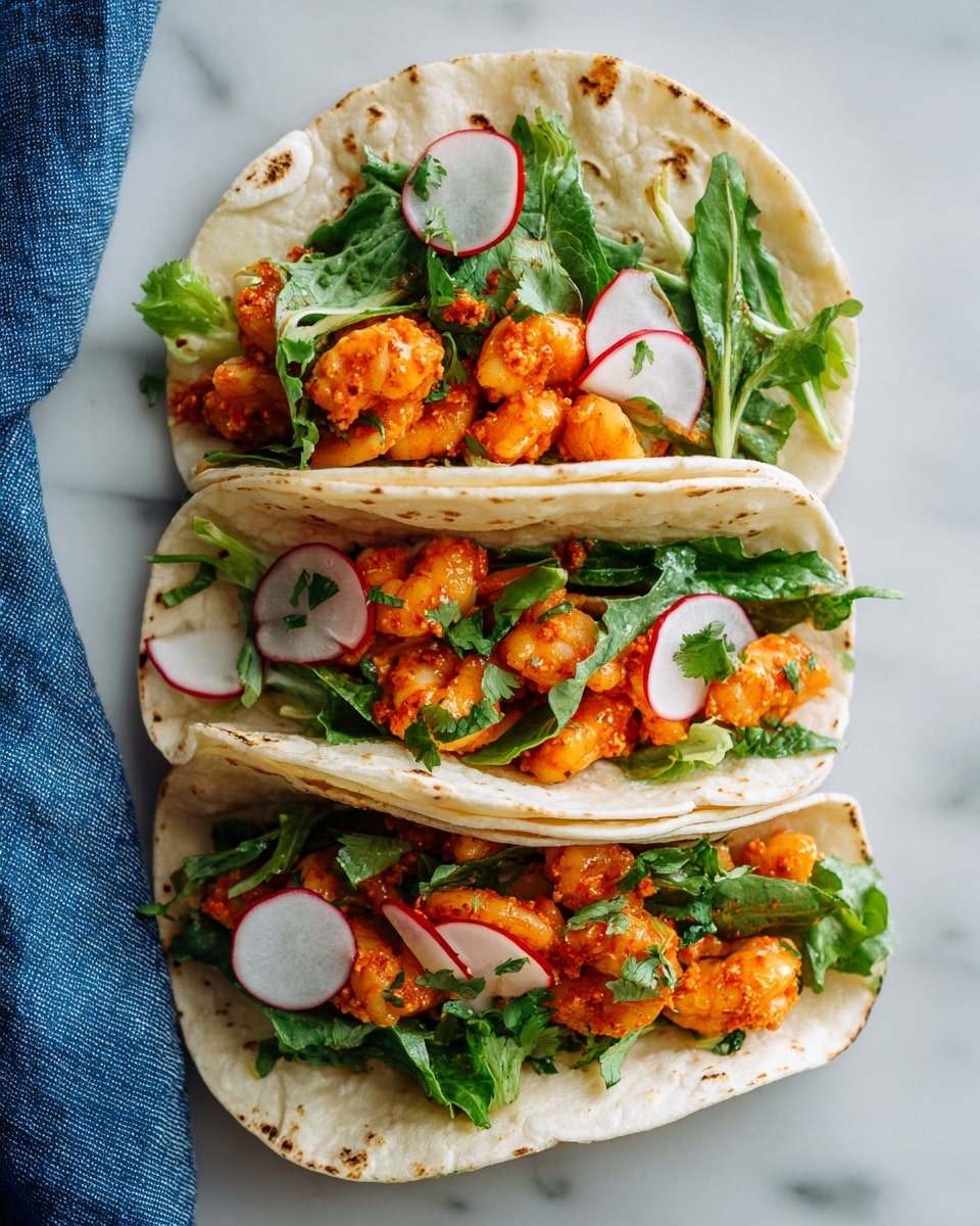 Three soft, lightly toasted corn tortillas are arranged vertically on a white marbled surface. Each tortilla holds a filling made of small, cooked orange shrimp pieces layered beneath thin strips of green leafy lettuce mixed with fresh cilantro and slices of white and red radish. The tortillas are slightly curved, holding the filling well, and the whole setup looks fresh and colorful with hints of green, orange, and white. A blue cloth is visible near the bottom left corner, adding subtle contrast to the light tones. Photo taken with an iphone --ar 4:5 --v 7