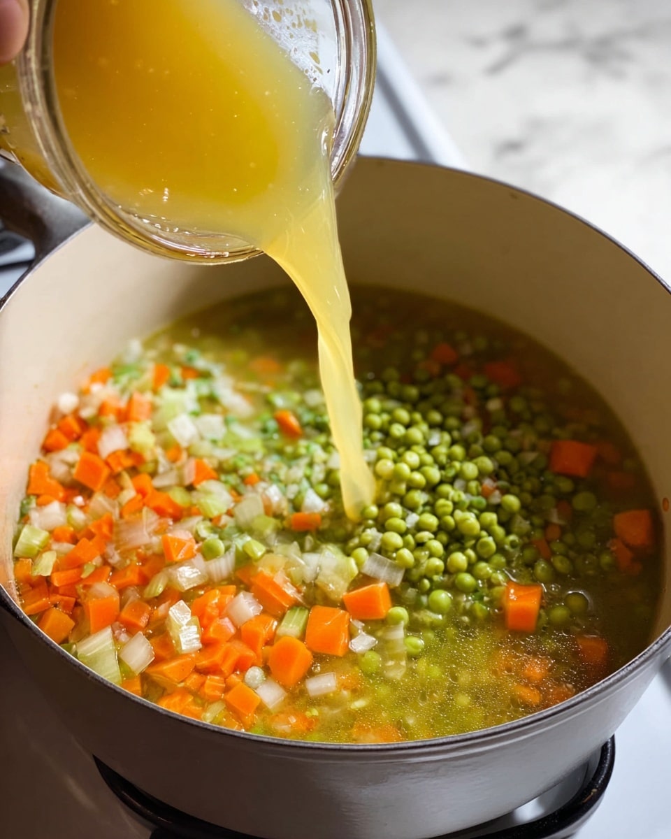 A close-up image shows a large light gray pot on a white stove with a cooking mix inside. The pot contains a layer of diced orange carrots, light green celery, and small chopped white onions at the bottom, all mixed in a yellow-orange broth. Bright green split peas are spread on top of the vegetables. A woman's hand is pouring clear light yellow broth from a glass jar into the pot, creating a smooth pouring motion. The background surface is a white marbled texture. photo taken with an iphone --ar 4:5 --v 7