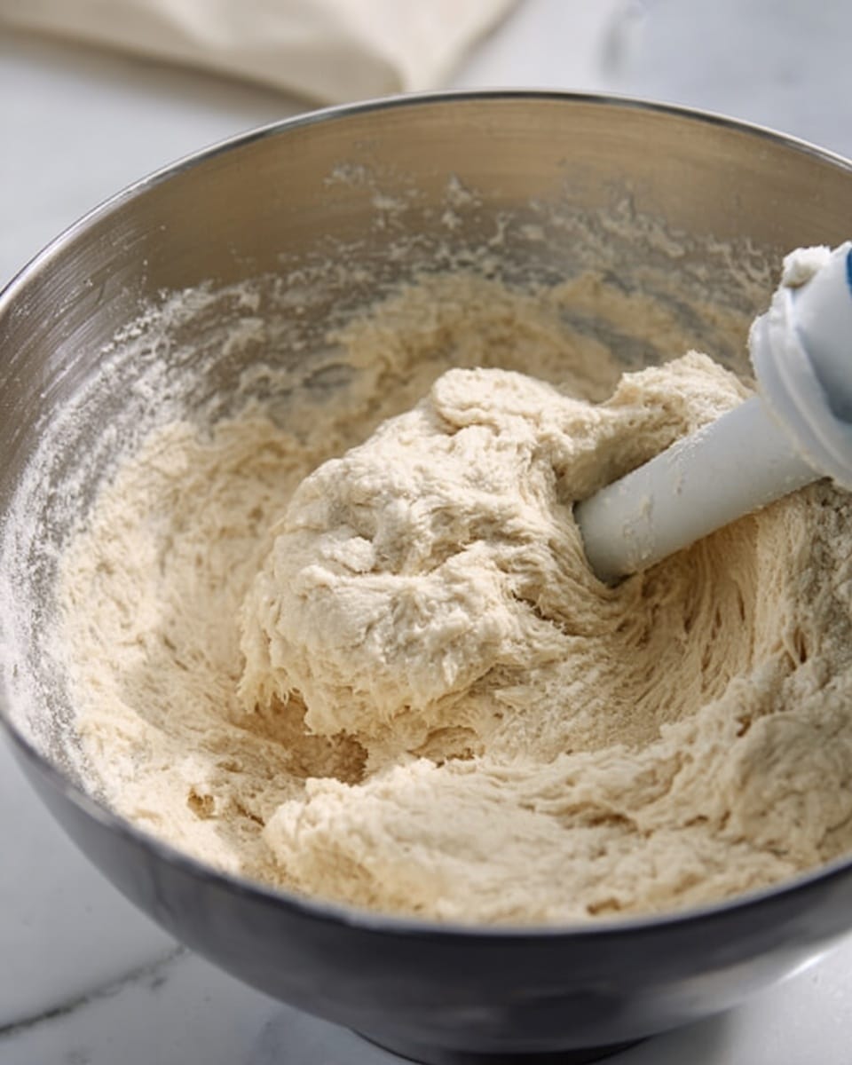 A close-up view of thick dough being mixed inside a large silver metal bowl. The dough is light beige with a slightly sticky and soft texture, filling the bottom half of the bowl. A white dough hook is partially submerged in the dough, covered with some dough residue. The bowl rests on a white marbled surface, and the background is softly blurred with pale tones. Photo taken with an iphone --ar 4:5 --v 7