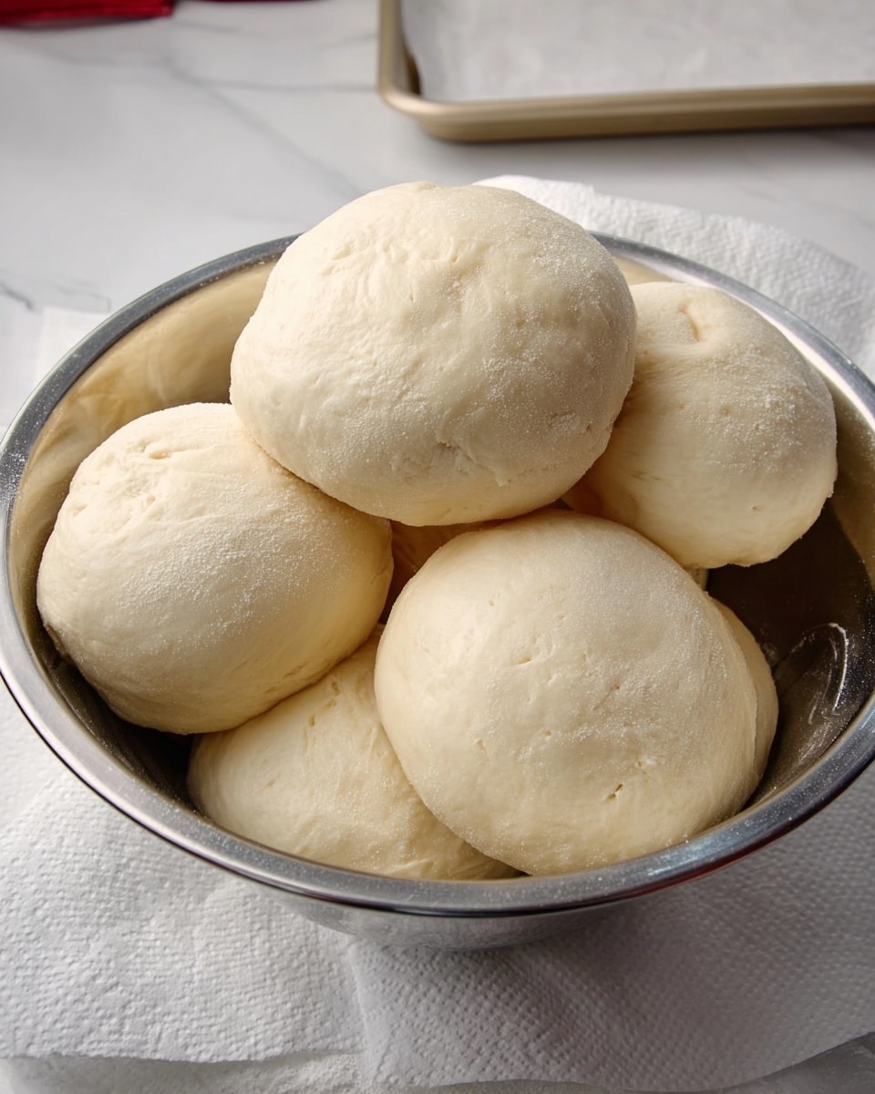 A metal bowl filled with seven smooth, pale dough balls stacked in two layers, with a soft, slightly shiny texture. The dough balls are round and closely packed with a gentle rise, showing no toppings or flour on top. The bowl sits on a white marbled surface with a paper towel and part of a white tray in the background. Photo taken with an iphone --ar 4:5 --v 7