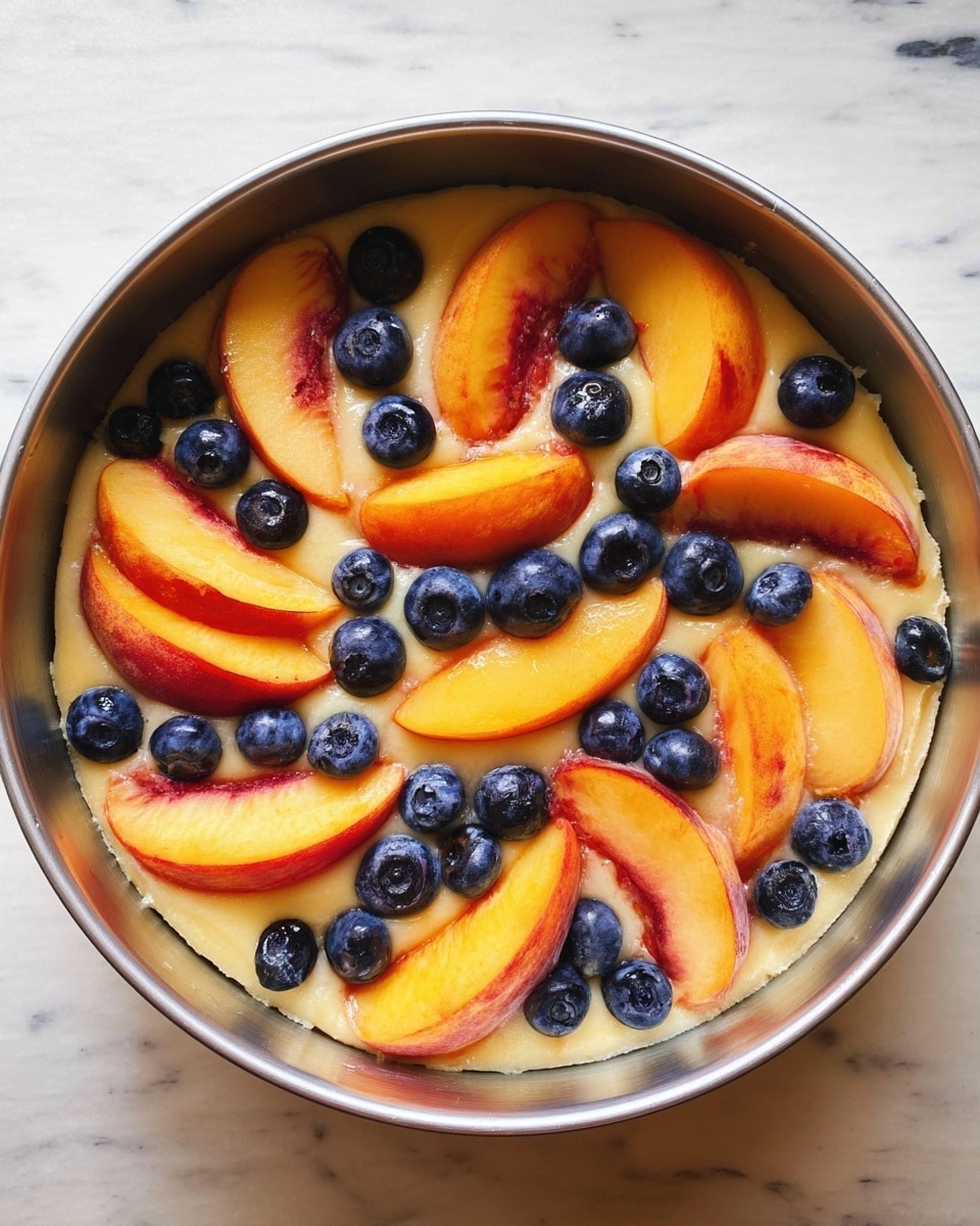 The image shows a round metal pan filled with a creamy light yellow cake batter base. On top, there are two layers of fruit: the bottom layer has evenly spaced slices of peach arranged in a circular pattern with their bright orange and reddish hues facing up, and the top layer is scattered with plump, round blueberries, placed between and over the peach slices as spots of deep blue. The pan sits on a white marbled surface. photo taken with an iphone --ar 4:5 --v 7