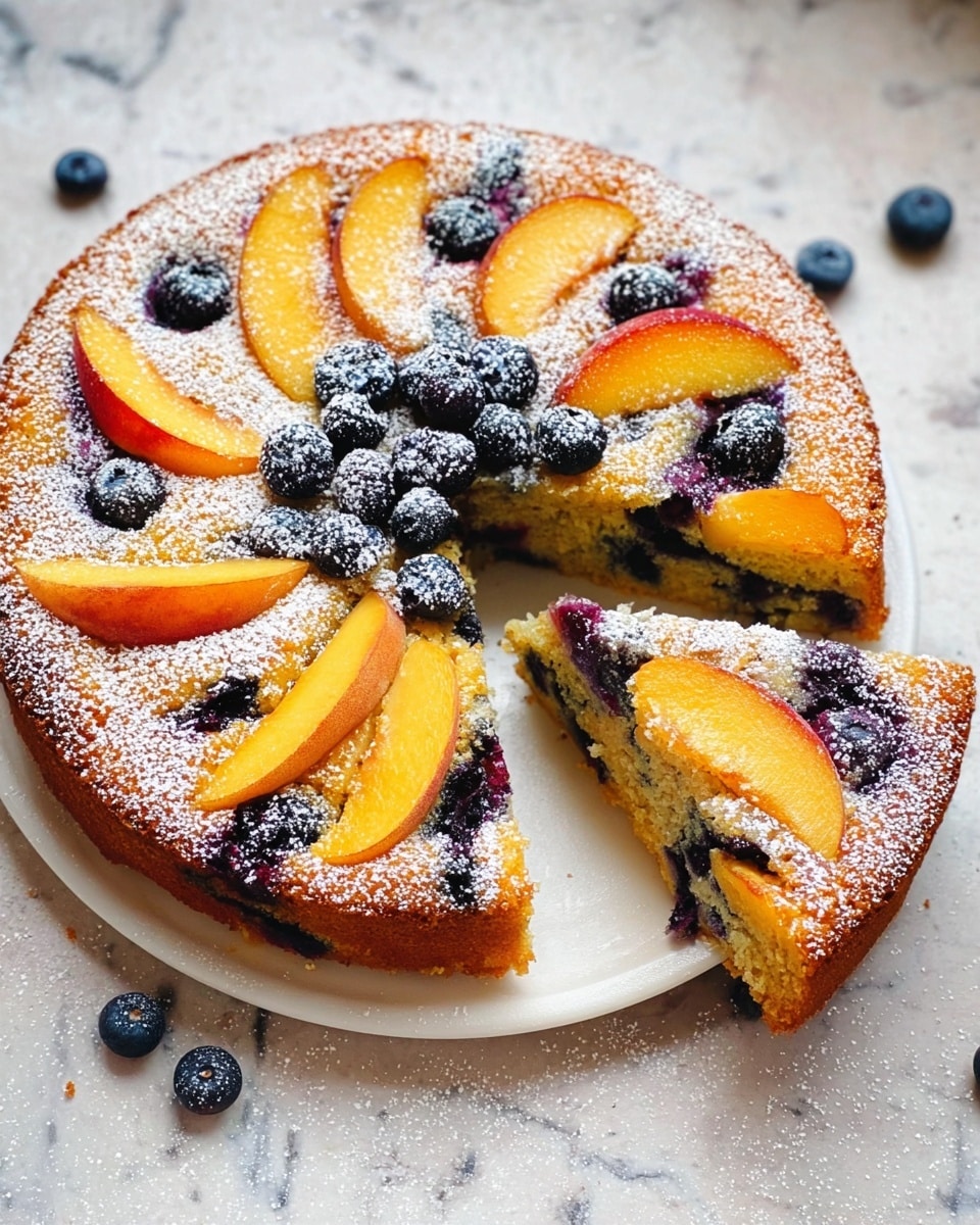 The image shows a round fruit cake with one slice removed, placed on a white plate on a white marbled surface. The cake has two visible layers: a golden-brown baked base mixed with dark blueberries inside, and a top layer decorated with sliced peaches arranged in a circular pattern and scattered fresh blueberries. The cake is dusted lightly with white powdered sugar, giving it a soft, textured look. The peach slices have a warm orange color with hints of red near the edges, and the blueberries have a deep blue, almost black, tone. Photo taken with an iphone --ar 4:5 --v 7
