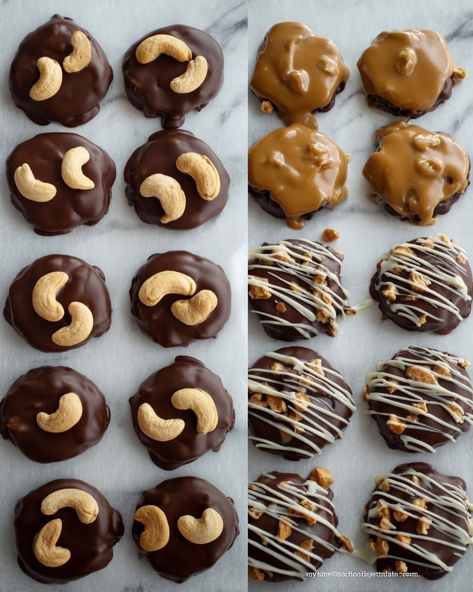 The image shows four stages of making round chocolate and cashew nut treats on white parchment paper over a white marbled surface. In the first stage, smooth dark chocolate circles are topped with several whole cashew nuts laid flat, forming a layer of light beige nuts on the dark base. The second stage adds a thick, shiny caramel layer sitting unevenly on top of the cashew nuts and chocolate, with a creamy golden color and smooth texture. The third stage shows the treats fully covered with a glossy dark chocolate layer that envelopes the caramel, nuts, and the chocolate circle beneath, creating round domes with some cashews peeking out near the edges. The final stage displays the treats drizzled with thin streams of white chocolate in a zigzag pattern across the top, creating a striking contrast with the dark chocolate base. The treats are all arranged in neat rows, and the whole scene is lit softly. Photo taken with an iphone --ar 4:5 --v 7