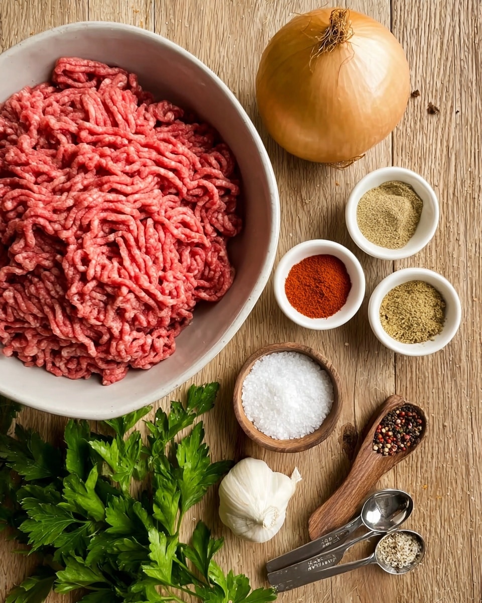 A large white bowl filled with raw ground meat showing thick, textured, pink-red strands sits in the lower left corner on a wooden surface. Above the bowl is a whole golden-brown onion. To the right of the onion, there are three small white bowls filled with different spices: bright red powder, light tan powder, and a medium tan powder. Below these, a small wooden bowl holds coarse white salt, next to a wooden spoon filled with crushed red pepper flakes. Three silver measuring spoons with black pepper, salt, and another white powder are arranged nearby. Fresh green parsley leaves and a garlic bulb lie at the bottom of the frame. The photo is taken with an iphone --ar 4:5 --v 7