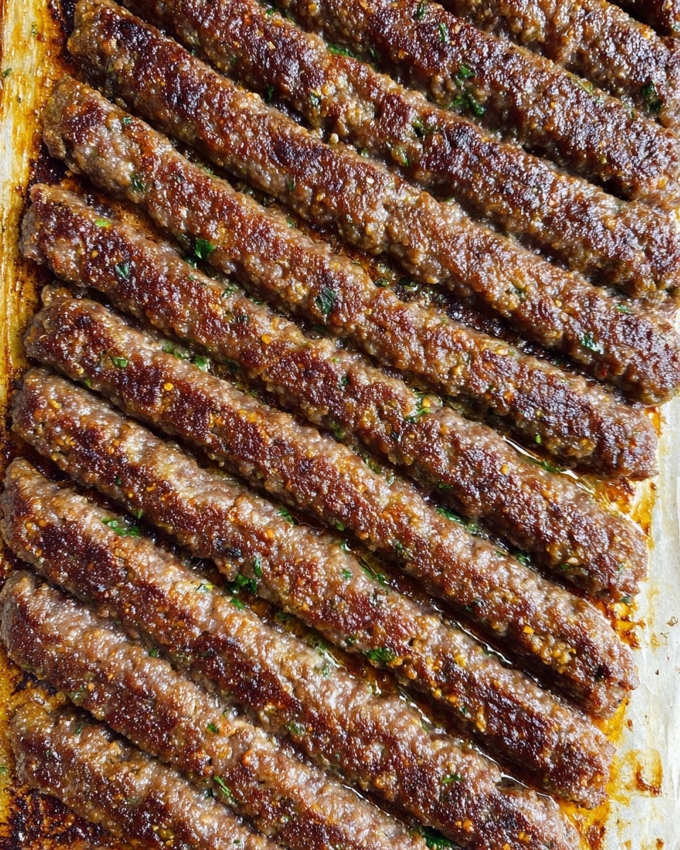 The image shows a close-up of neatly arranged, long, and thin strips of cooked ground meat, placed side by side, covering the entire surface. The meat sticks have a dark brown color with a shiny, slightly oily texture, showing small bits of seasoning and green herbs embedded within. The surface underneath the meat strips appears to be a baking tray with browned oil stains and baked residues around the edges. The photo is taken on a white marbled texture background. photo taken with an iphone --ar 4:5 --v 7