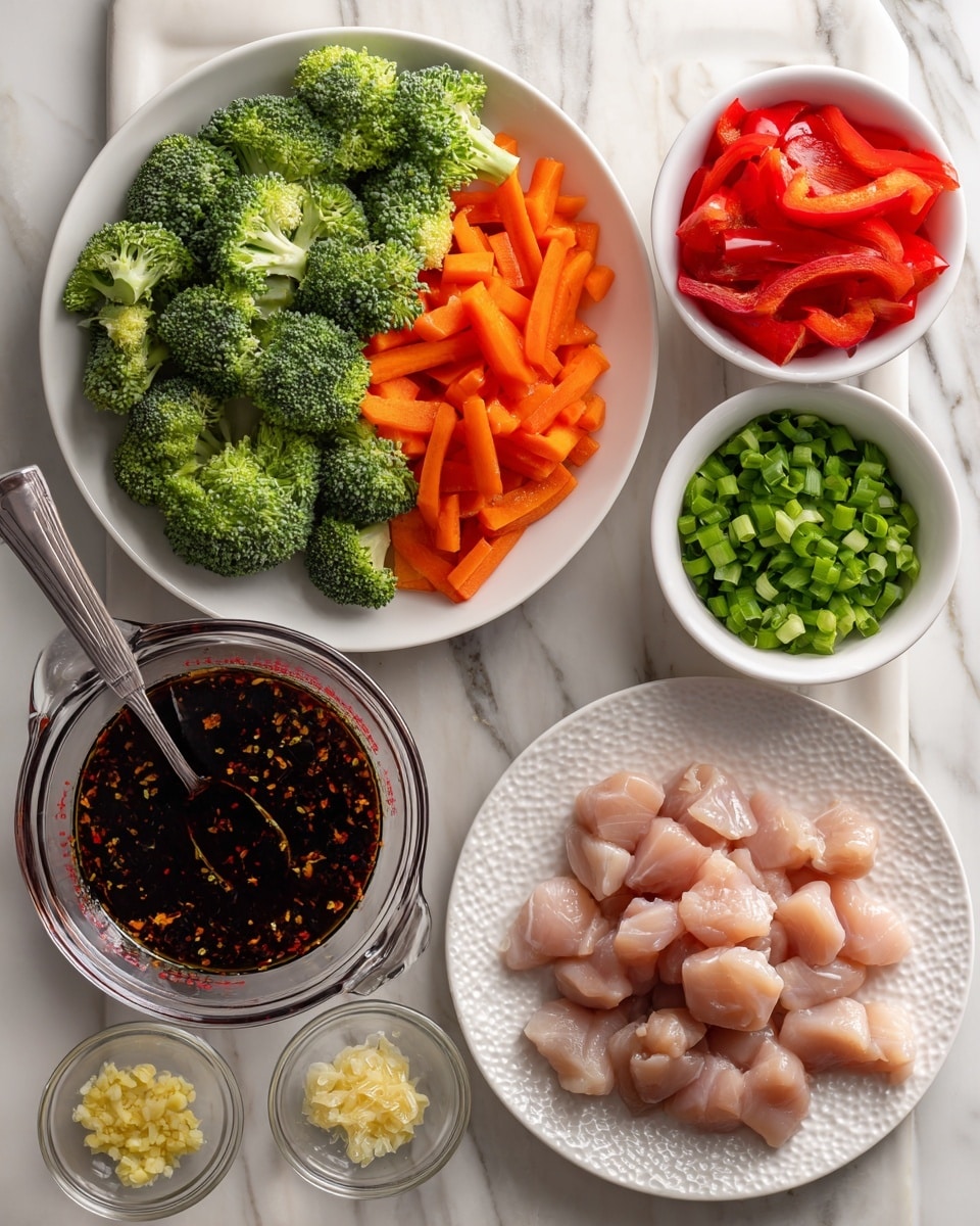 The image shows fresh cooking ingredients arranged neatly on a white marbled surface. At the top left, a white plate holds three sections of vegetables: bright green broccoli florets, thin orange carrot sticks, and chunky red bell pepper pieces. To the right, there is a small white bowl filled with chopped green onions. Below that, a glass measuring cup has a dark, rich gluten-free stir-fry sauce with small bits visible inside and a silver spoon resting in it. At the bottom left corner, two small clear bowls contain finely minced garlic and grated ginger, both yellowish in color. Next to them, in the bottom center, a white textured plate holds several pieces of raw chicken cut into cubes. The overall setup is clean and colorful, preparing for a healthy stir-fry meal. Photo taken with an iphone --ar 4:5 --v 7