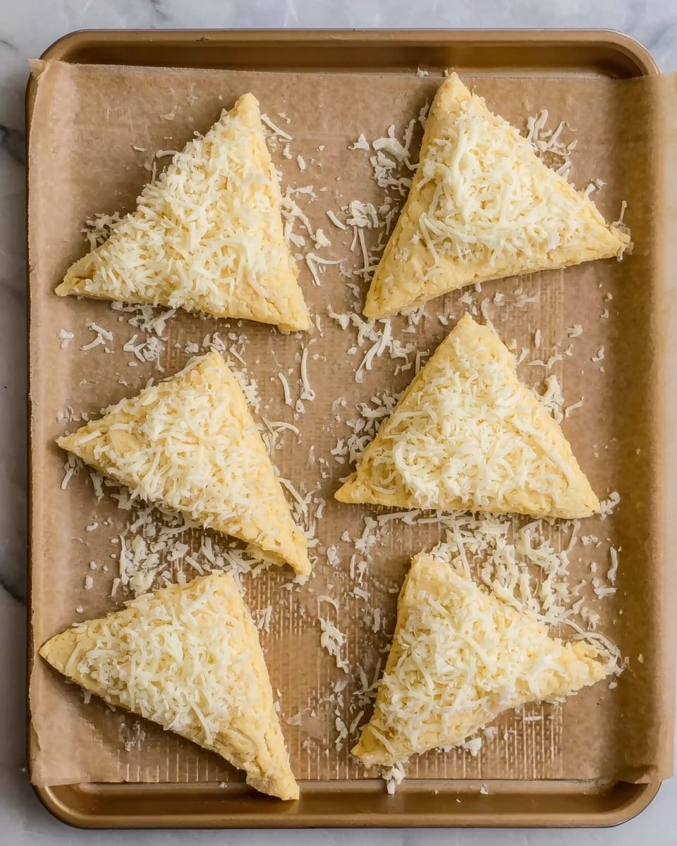 The image shows eight triangular dough pieces arranged on brown parchment paper over a baking tray with a honeycomb pattern. Each triangle is covered with white shredded cheese, with some cheese scattered lightly on the parchment. The dough looks soft and light yellow in color, and the cheese adds a textured, slightly uneven layer on top. The tray is placed on a white marbled surface. photo taken with an iphone --ar 4:5 --v 7