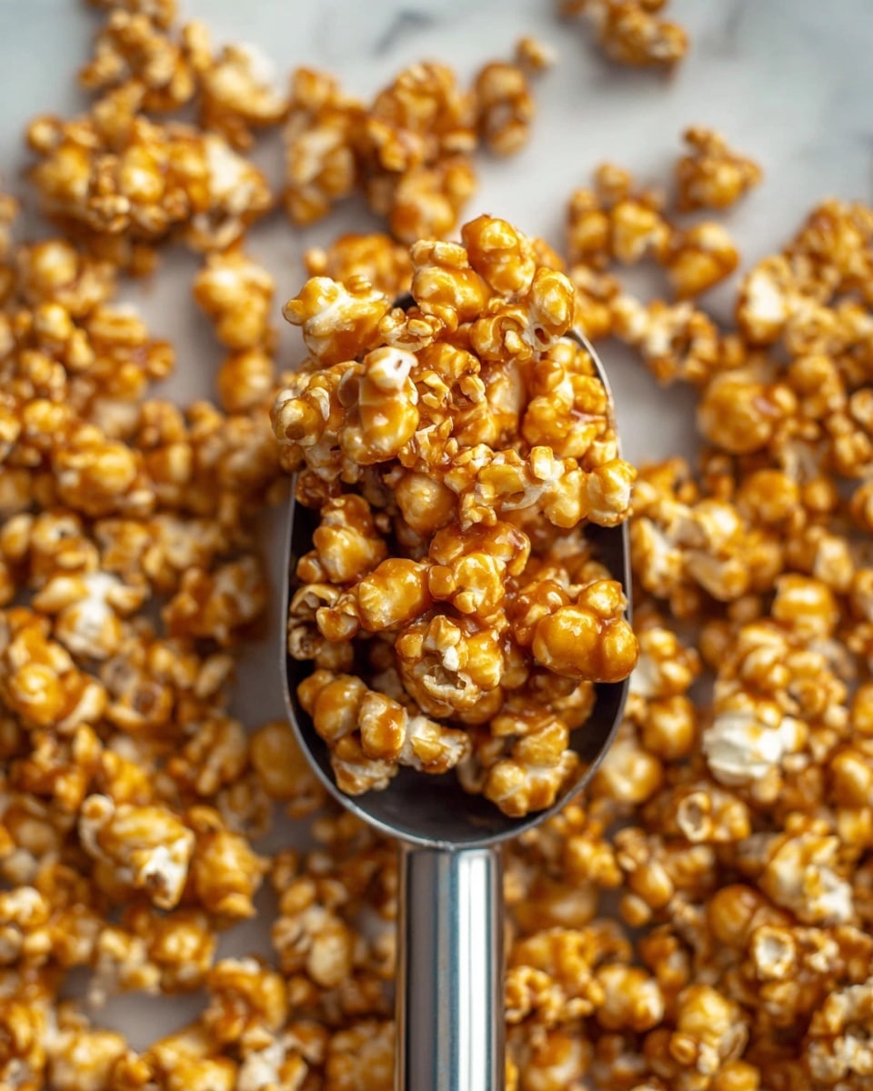 A clear glass bowl filled with bright white popcorn that has a fluffy texture, small brown spots are scattered across the popcorn. A thick, smooth, warm caramel-colored sauce is being poured from a silver pan with a black handle into the center of the popcorn in the bowl. In the background, a woman's hand holds the pan, slightly blurred. The scene is set on a white marbled surface. photo taken with an iphone --ar 4:5 --v 7