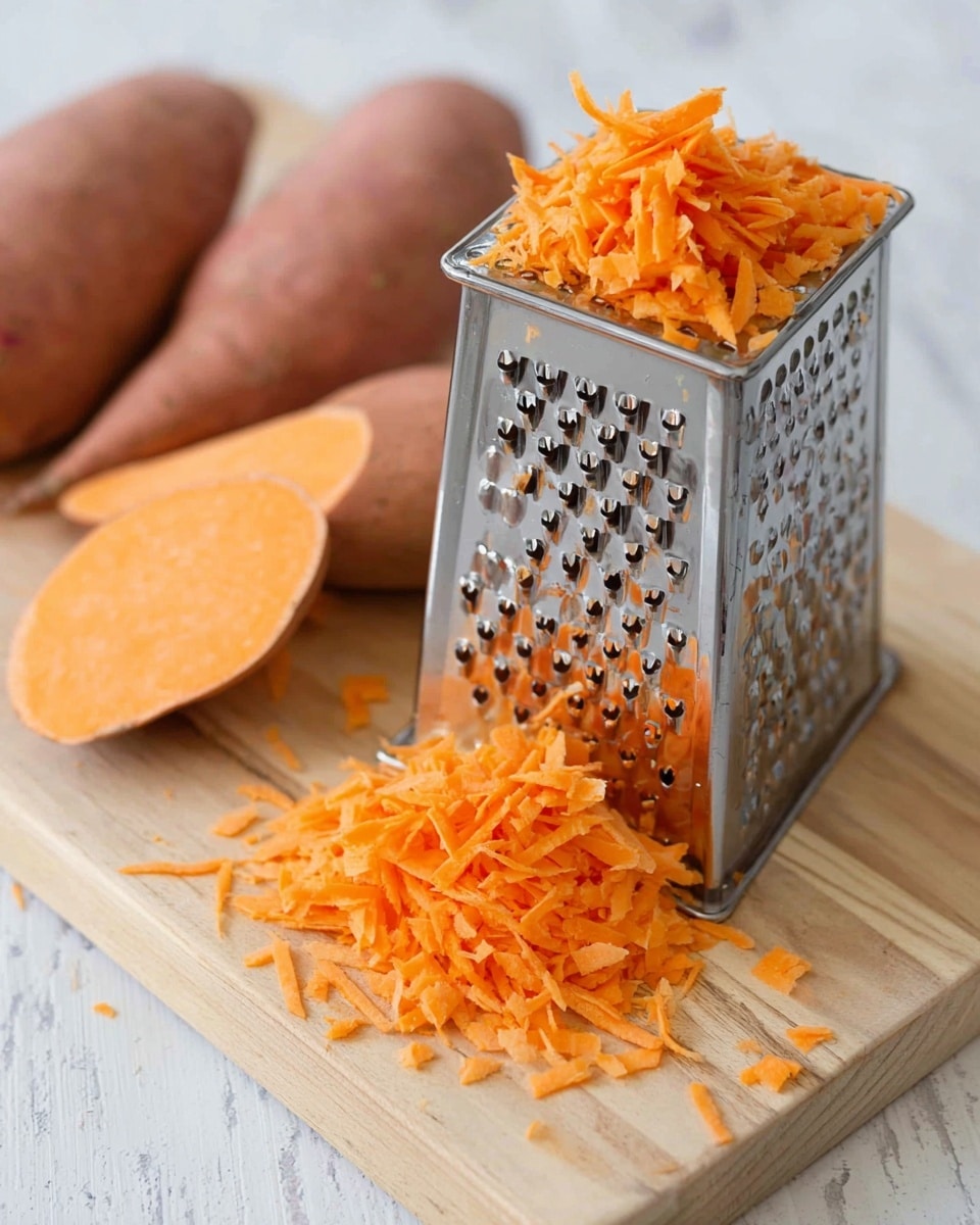 The image shows a metal box grater standing on a light wooden cutting board. In front of the grater, there is a pile of thin, orange shredded sweet potato pieces. Behind the grater, two pieces of sweet potato are placed on the board; one is whole and the other is partially peeled and cut. The sweet potato shreds cling slightly to the sides of the grater. The background and surface have a white marbled texture. photo taken with an iphone --ar 4:5 --v 7
