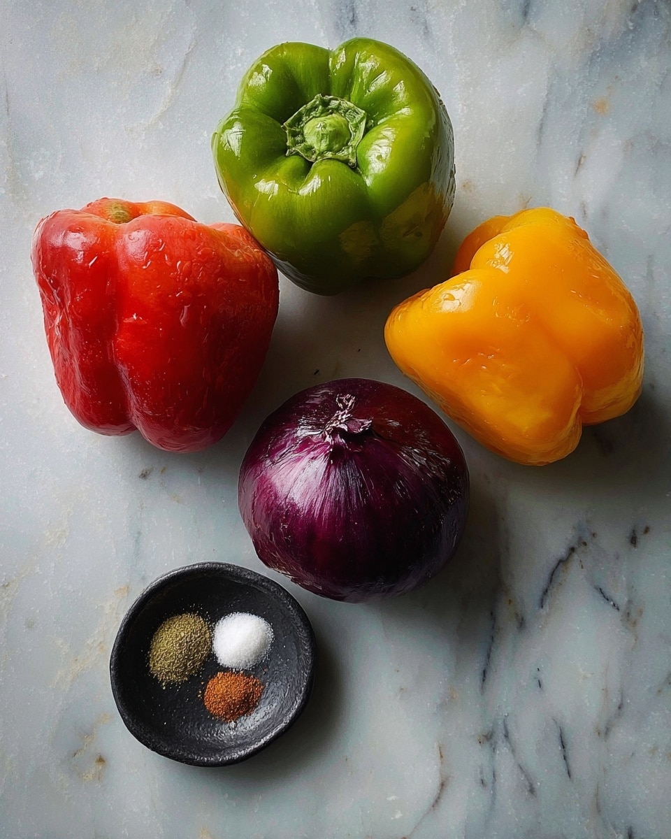 A white marbled surface holds three whole bell peppers in red, green, and yellow colors, placed around a shiny dark purple onion in the center. Below the vegetables sits a small black dish containing three small piles of spices: brown, green, and white. The light softly reflects on the smooth textures of the peppers and the onion, showing their fresh and slightly wet appearance. Photo taken with an iphone --ar 4:5 --v 7