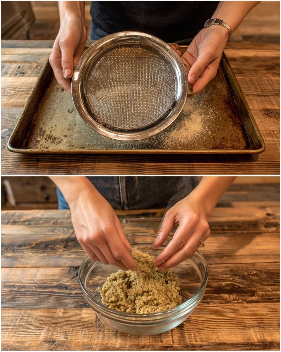 The top image shows a shiny metal strainer placed inside a clear glass bowl on a wooden surface, with a worn light brown baking tray tilted above, ready to pour contents into the strainer. The bottom image shows two woman's hands holding and mixing green and beige textured food in a clear glass bowl on the same wooden surface. photo taken with an iphone --ar 4:5 --v 7