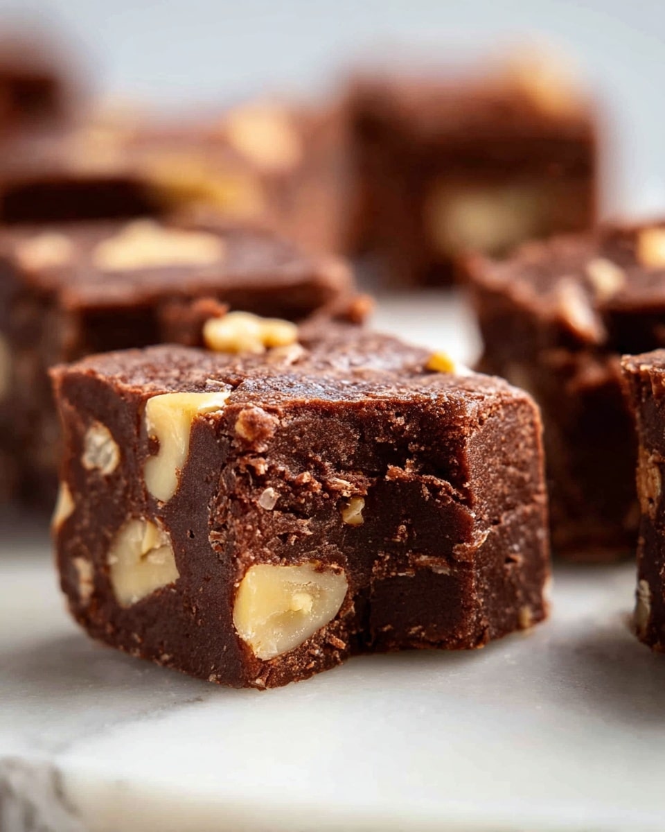 The image shows close-up pieces of a chocolate dessert cut into squares, with a soft and slightly crumbly texture. Each piece has visible chunks of light brown nuts embedded inside, giving it some texture contrast. The dessert is displayed on a white marbled surface with out of focus similar pieces in the background, featuring a rich, dark brown color that looks moist and dense. The edges of the pieces are slightly rough, showing the soft interior clearly. Photo taken with an iphone --ar 4:5 --v 7