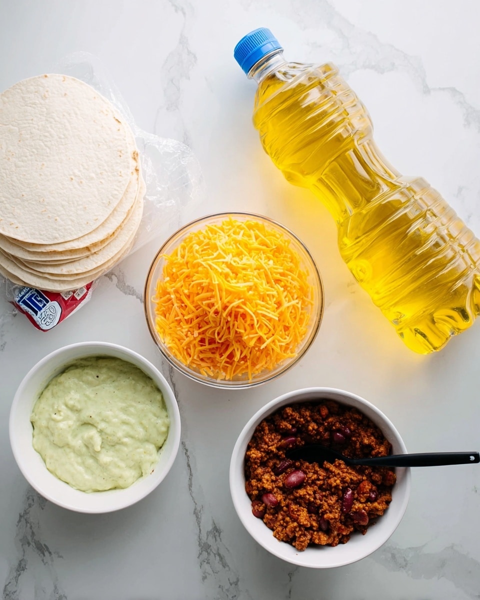 The image shows the ingredients for a dish arranged on a white marbled surface. From left to right, there is a pack of white flour tortillas, a white bowl filled with shredded orange cheddar cheese, a clear container with a creamy green sauce inside, and a white bowl with a dark red chili mix containing beans and ground meat, with a black spoon inside. To the right, there is a large bottle of yellow cooking oil with a blue cap. The scene is well-lit, and the colors of the ingredients stand out sharply against the white marbled background. photo taken with an iphone --ar 4:5 --v 7