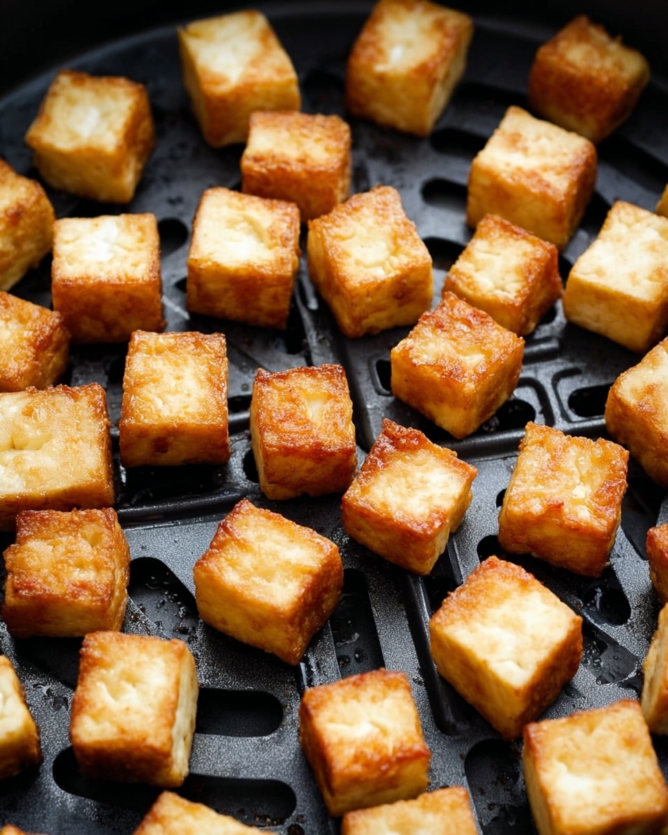 A close-up of many small golden-brown cubes of tofu arranged on a black air fryer tray, the cubes are evenly spaced, showing a crispy texture on the outside with a light, slightly shiny surface. The tray has some round holes and patterns visible under the tofu. The background is a white marbled texture. photo taken with an iphone --ar 4:5 --v 7