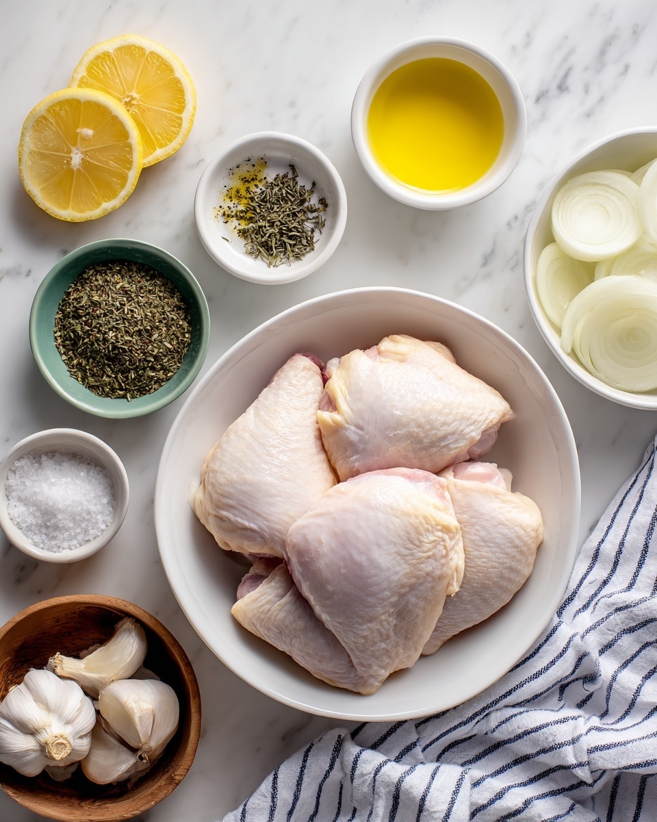A top-down view shows a white bowl filled with five pieces of raw chicken with smooth, light pink skin in the center. Around it are small white and green bowls with olive oil (golden yellow), minced garlic (light yellow), thyme (dried green), oregano (dried green), and salt plus pepper (white and black). To the upper right are lemon slices in a white bowl, next to a small bowl of yellow lemon juice. A white bowl of sliced white onion is placed to the right. At the bottom left, garlic bulbs and cloves sit in a wooden bowl. A striped white and blue cloth is partially visible at the lower edge. The scene is set on a white marbled surface. photo taken with an iphone --ar 4:5 --v 7