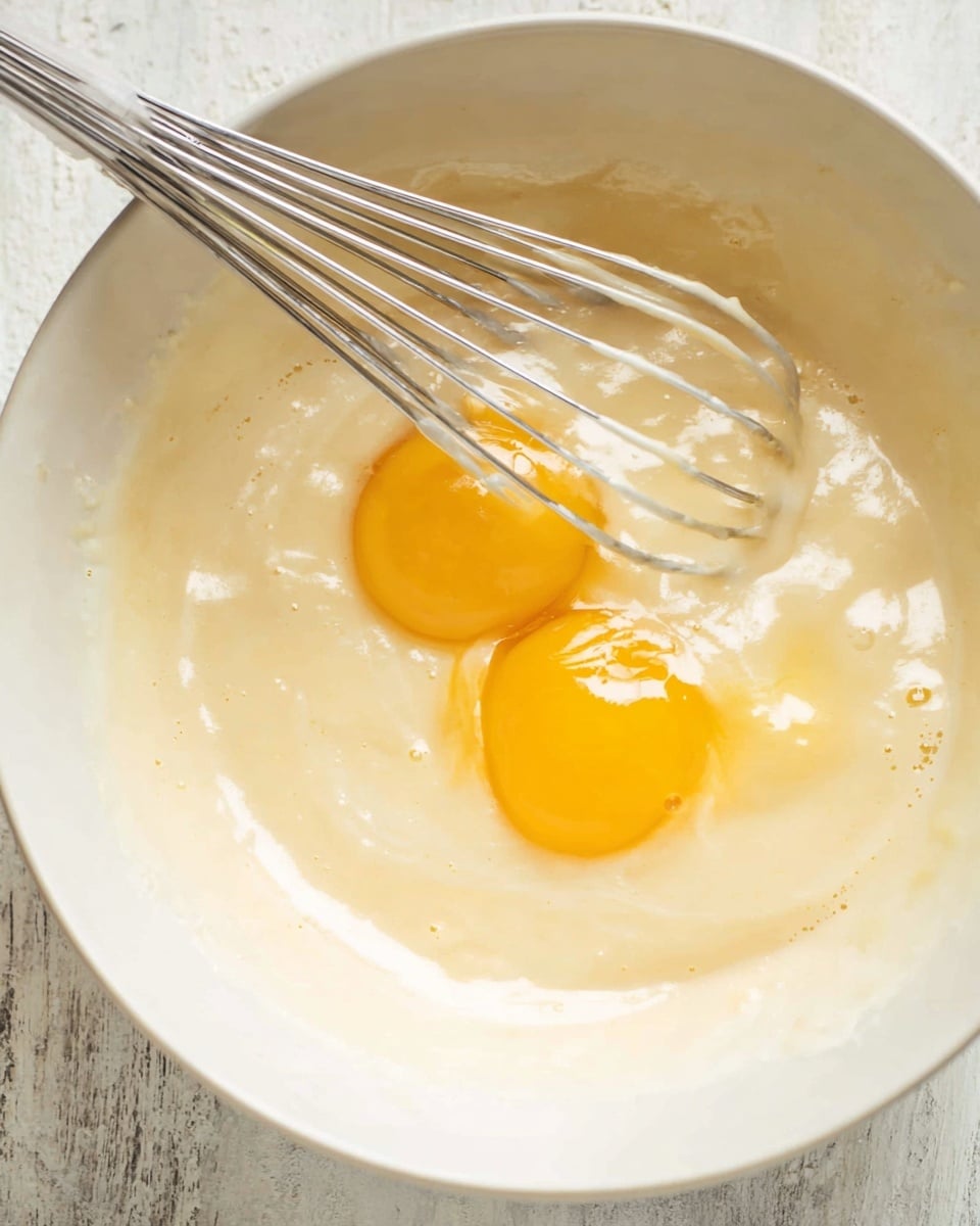 A close-up image of a white bowl on a white marbled surface with two bright yellow raw egg yolks resting on a creamy, thick light beige batter. A metal whisk with batter on its thin wires is partially immersed in the batter, positioned toward the left side of the bowl. The batter around the yolks has a smooth, shiny texture showing slight swirls and bubbles. photo taken with an iphone --ar 4:5 --v 7