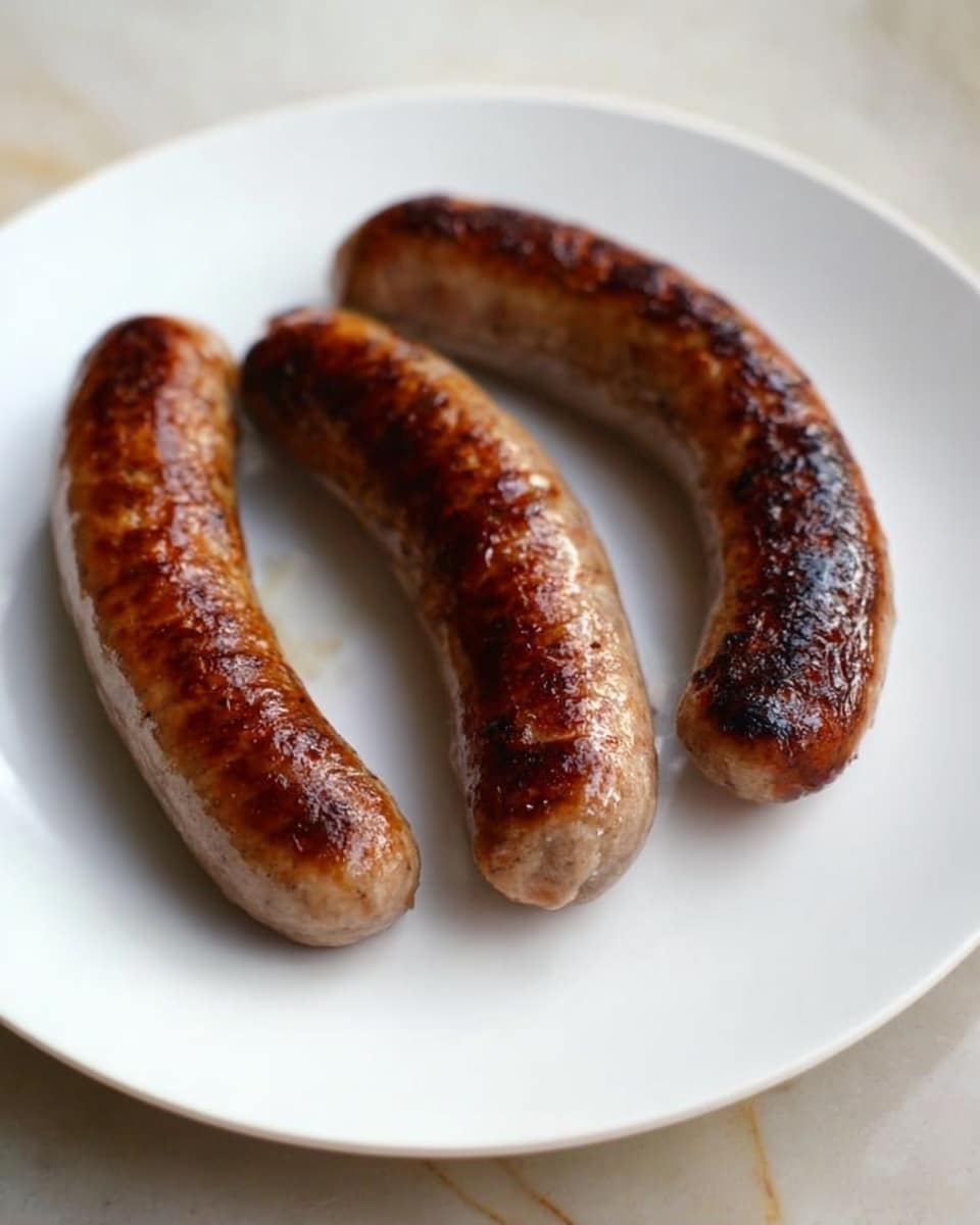 Three browned sausages with a shiny, slightly crispy outer skin are placed side by side on a white plate. The sausages are thick and curved, showing a gradient of brown colors from dark toasted lines on top to lighter browns on the sides. The plate rests on a white marbled surface that softly reflects light, adding a clean contrast to the sausages. photo taken with an iphone --ar 4:5 --v 7