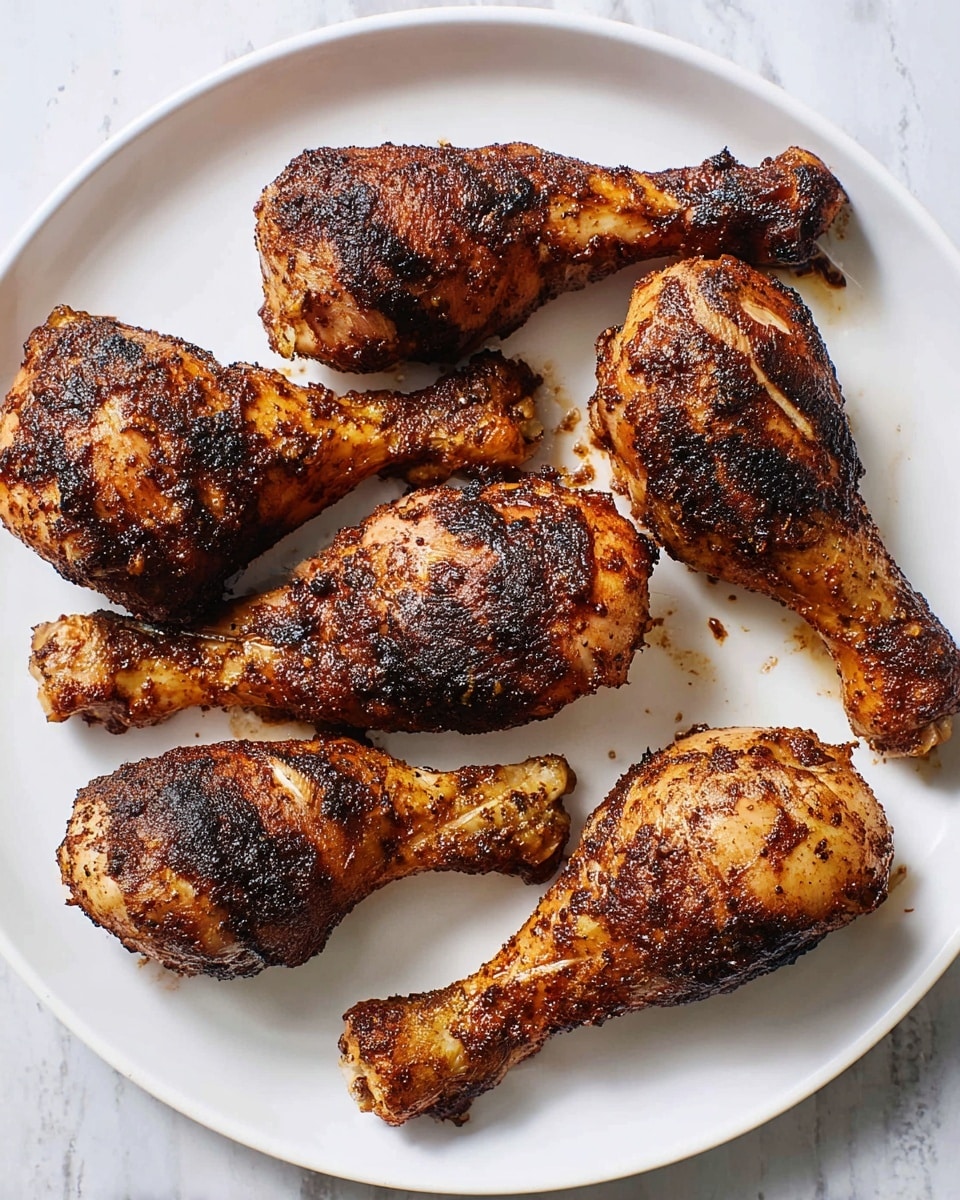 Five grilled chicken drumsticks with dark brown, charred spices sit evenly spaced on a round white plate. The drumsticks have a textured surface with visible seasoning and slight shine from oils or juices. The plate rests on a white marbled surface, adding subtle pattern and contrast to the image. Photo taken with an iphone --ar 4:5 --v 7