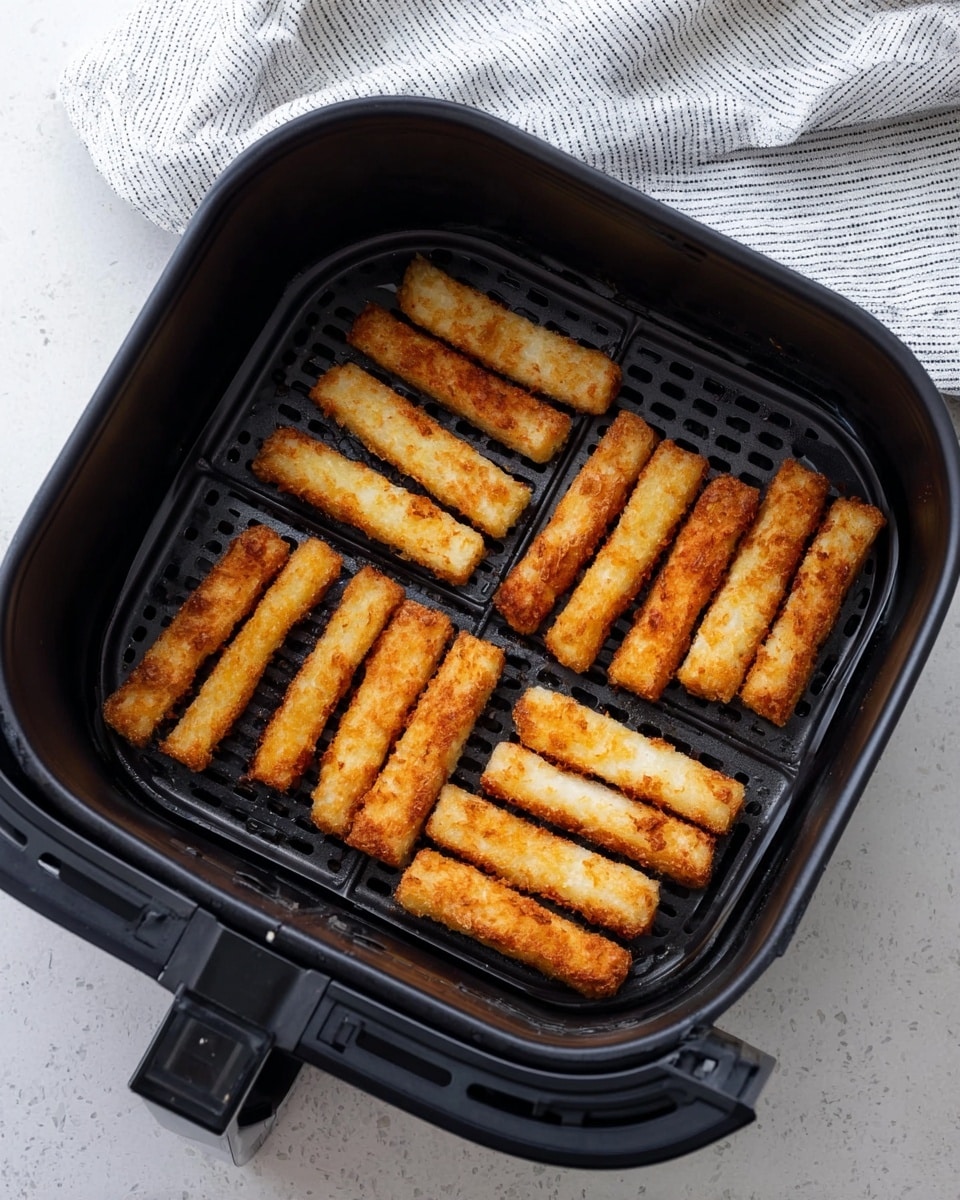 Inside a black air fryer basket, there are eleven golden brown sticks arranged in three uneven rows. Each stick has a crunchy texture with some darker toasted spots showing a crisp outside. The air fryer basket features a grid pattern on the bottom and sits on a white marbled surface next to a folded white and gray striped cloth napkin. Photo taken with an iphone --ar 4:5 --v 7