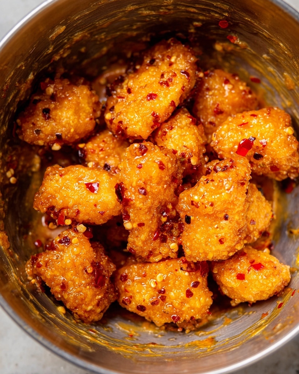 The image shows a close-up view of several small, golden-orange crispy pieces coated in a shiny sauce with visible red chili flakes and specks. The pieces have a rough texture with slightly uneven shapes, piled closely together inside a round metal container. The sauce appears thick and sticky, clinging to the pieces and the sides of the container, which also shows streaks of the sauce smeared around. The background surface is a white marbled texture. photo taken with an iphone --ar 4:5 --v 7