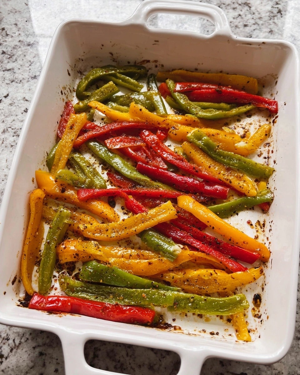 Inside a white ceramic baking dish with two handles, there are scattered cooked pepper strips in three colors: green, yellow, and red. The peppers are irregularly cut into long thin strips and appear slightly soft with some browned edges and seasoning bits around them, visible on the bottom of the dish. The dish sits on a white marbled textured surface. photo taken with an iphone --ar 4:5 --v 7
