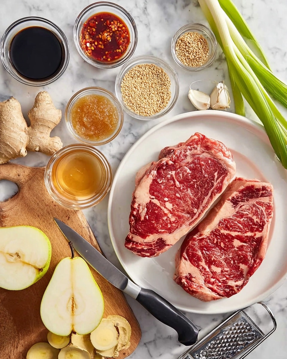 The image shows two raw steaks with red and white marbled fat placed on a large white plate in the top right corner. Surrounding the plate on a white marbled surface, there are small glass bowls filled with different sauces and ingredients: a dark soy sauce, red chili paste, minced garlic, toasted sesame seeds, golden brown sugar, and a light brown liquid. On the lower left, a half-cut Asian pear and a sliced green onion lay on a wooden cutting board. Two thick slices of ginger root are placed next to the pear. A metal grater and a black-handled knife are also visible near the cutting board. Photo taken with an iphone --ar 4:5 --v 7