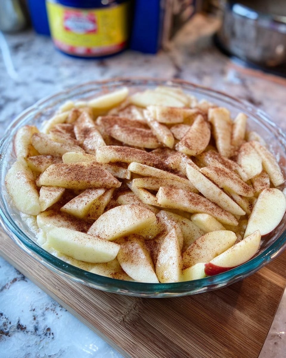 A clear glass pie dish filled with many layers of thinly sliced apple pieces all over each other, covered partly with a sprinkle of cinnamon powder that adds a light brown color in patches on top, placed on a wooden cutting board beside a blue and yellow container on a white marbled surface, photo taken with an iphone --ar 4:5 --v 7