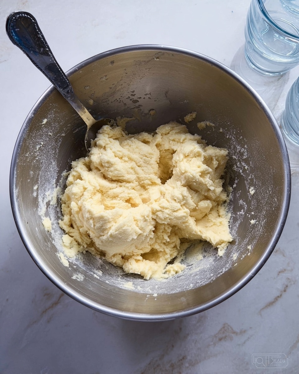 A large silver mixing bowl sits on a white marbled surface, filled with a creamy, thick dough that is pale yellow in color and slightly lumpy in texture. A metal spoon is partially inserted into the dough on the left side of the bowl. The dough clings to the sides of the bowl in uneven clumps, showing its soft and sticky consistency. The background includes clear glasses with water on the right side but the main focus is on the dough and the bowl. Photo taken with an iphone --ar 4:5 --v 7