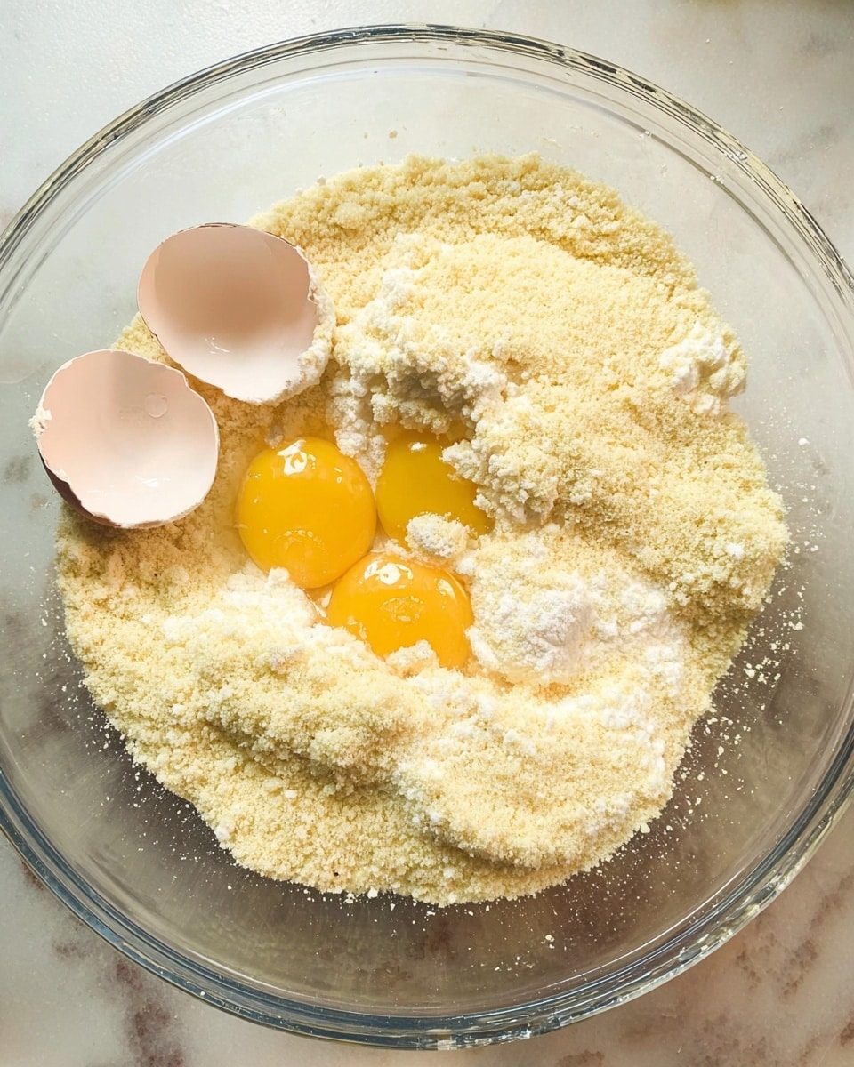 A clear glass mixing bowl sits on a white marbled surface, filled with three raw eggs with bright yellow yolks visible beneath a heap of pale yellow cornmeal flour. Two cracked eggshell halves rest on the edge of the bowl, showing a clean break and smooth inside texture. The cornmeal flour covers most of the eggs, creating a grainy, powdery layer that contrasts with the smooth liquid of the eggs underneath. Photo taken with an iphone --ar 4:5 --v 7